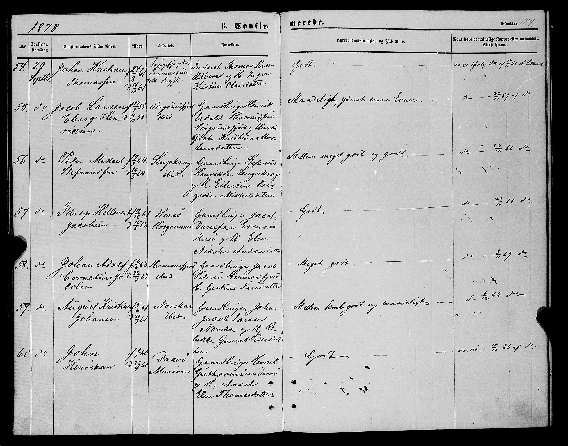 Karlsøy sokneprestembete, AV/SATØ-S-1299/H/Ha/Haa/L0005kirke: Ministerialbok nr. 5, 1872-1878, s. 124