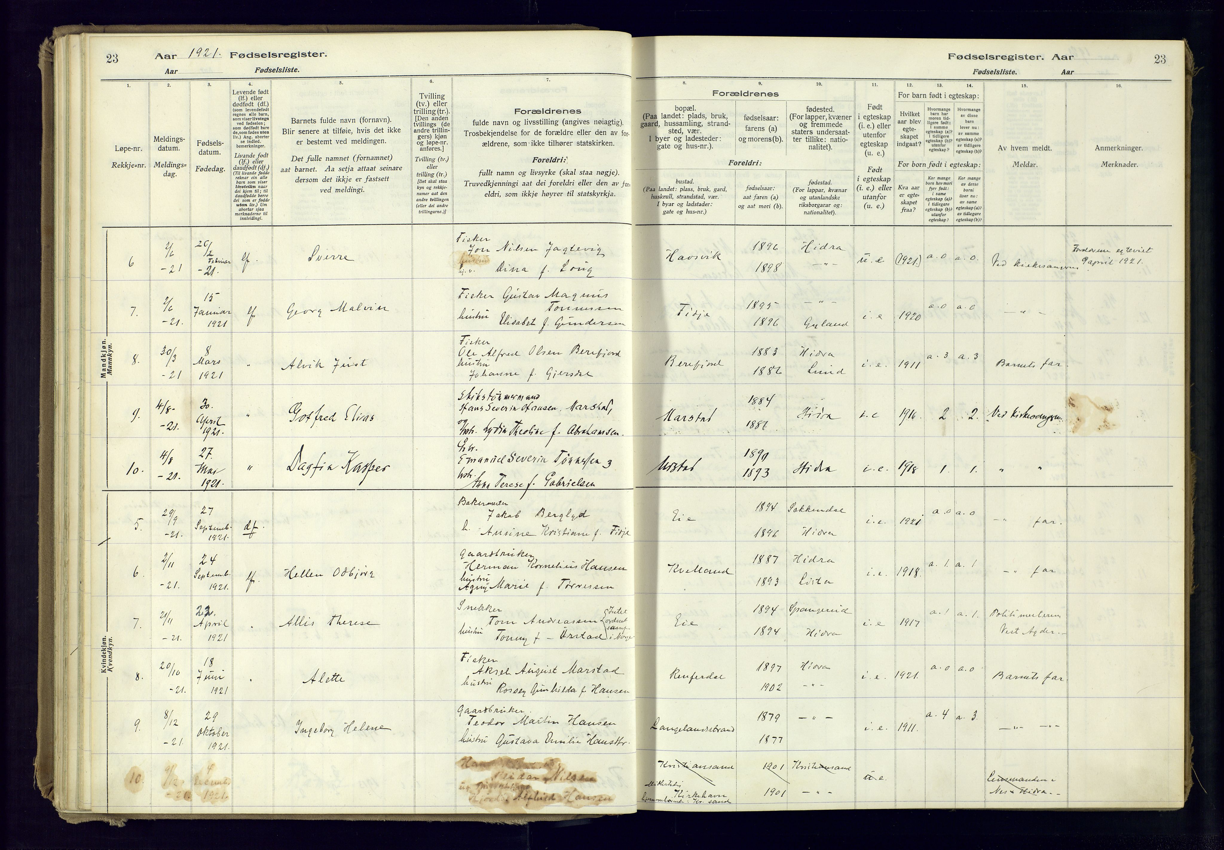 Flekkefjord sokneprestkontor, AV/SAK-1111-0012/J/Ja/L0007: Fødselsregister nr. 7, 1916-1982, s. 23