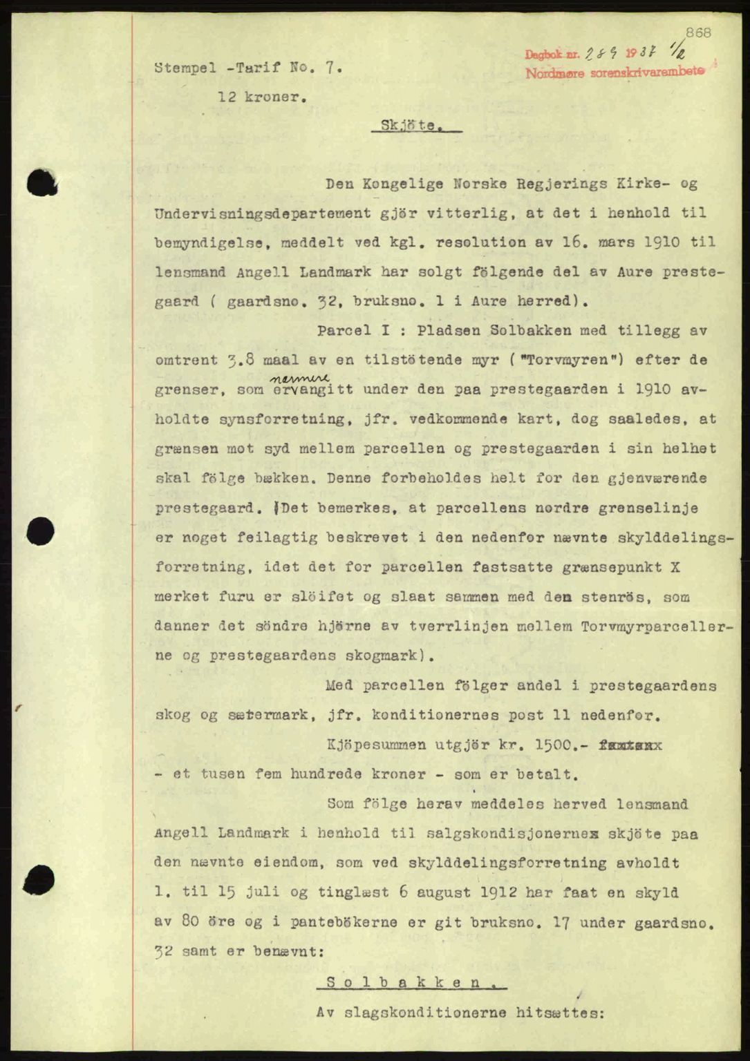 Nordmøre sorenskriveri, SAT/A-4132/1/2/2Ca: Pantebok nr. A80, 1936-1937, Dagboknr: 289/1937