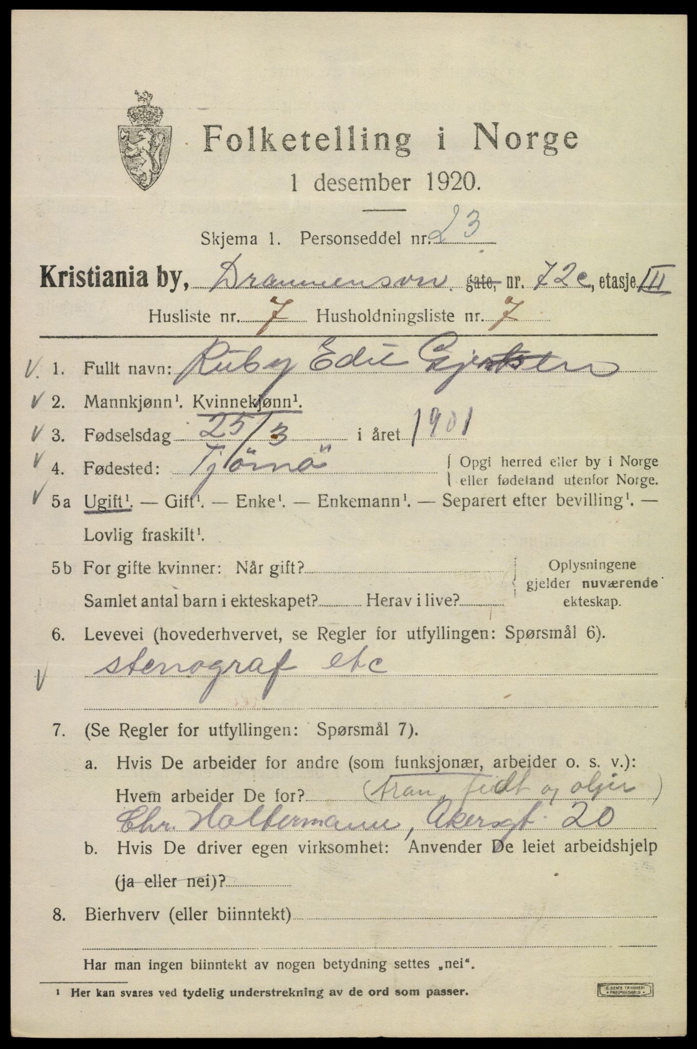 SAO, Folketelling 1920 for 0301 Kristiania kjøpstad, 1920, s. 202425