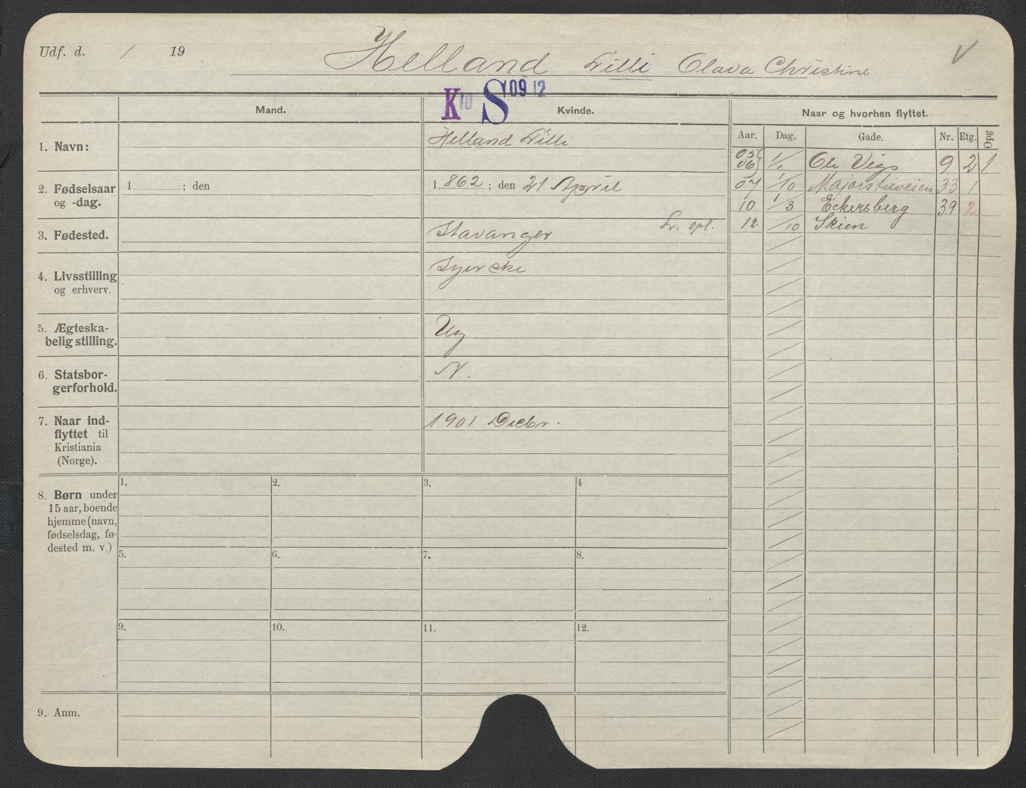 Oslo folkeregister, Registerkort, SAO/A-11715/F/Fa/Fac/L0016: Kvinner, 1906-1914, s. 525b