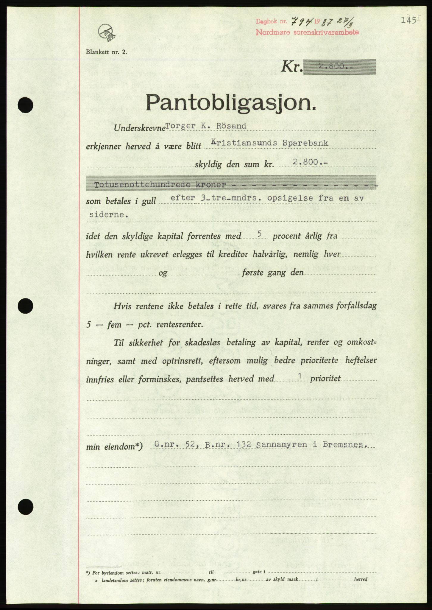 Nordmøre sorenskriveri, AV/SAT-A-4132/1/2/2Ca/L0091: Pantebok nr. B81, 1937-1937, Dagboknr: 794/1937