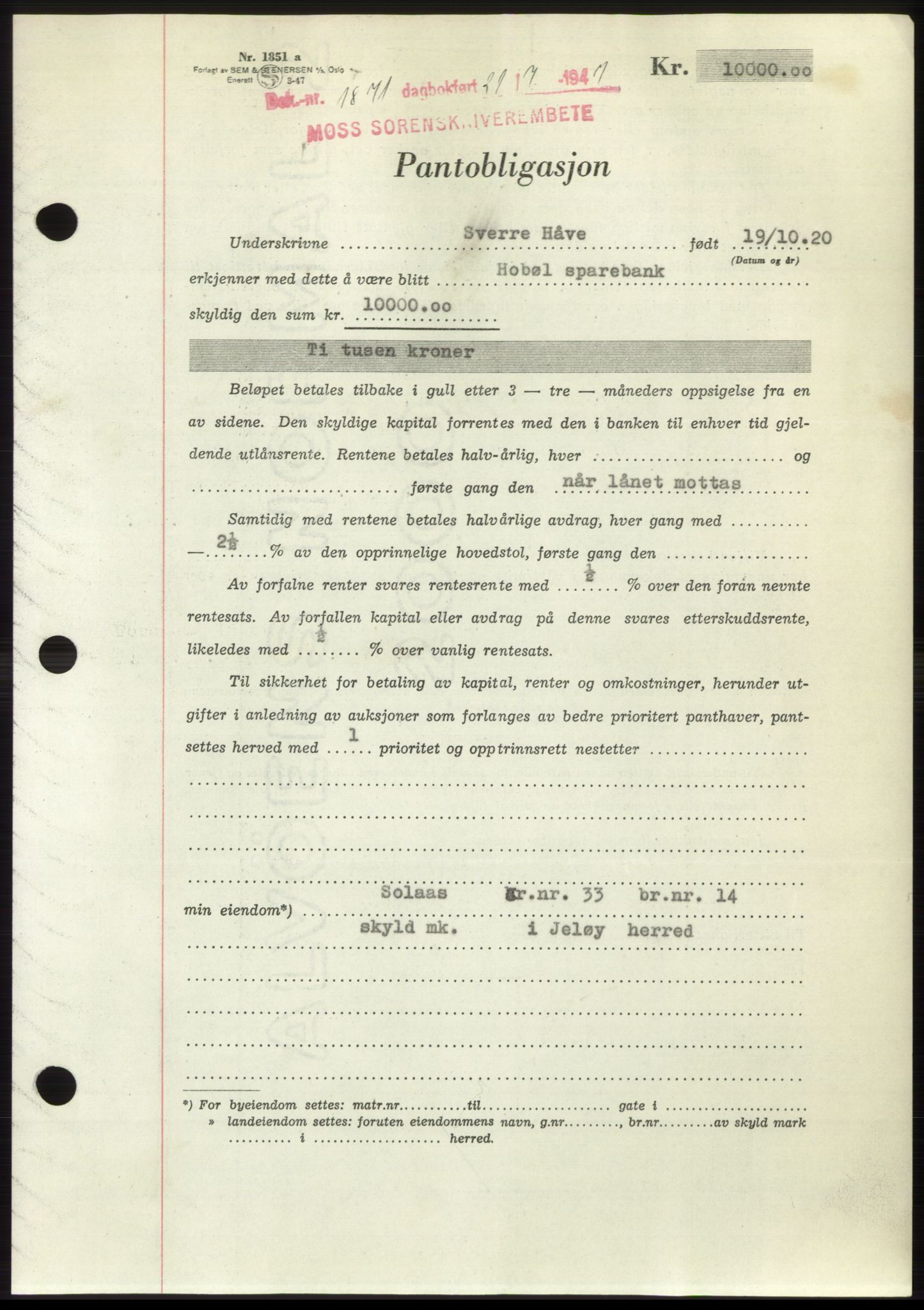 Moss sorenskriveri, SAO/A-10168: Pantebok nr. B17, 1947-1947, Dagboknr: 1871/1947