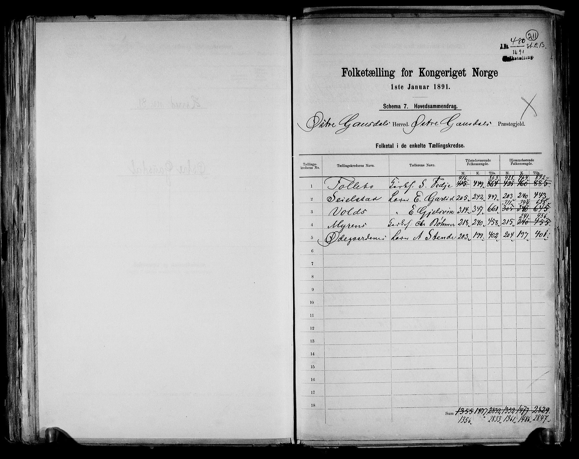 RA, Folketelling 1891 for 0522 Østre Gausdal herred, 1891, s. 2