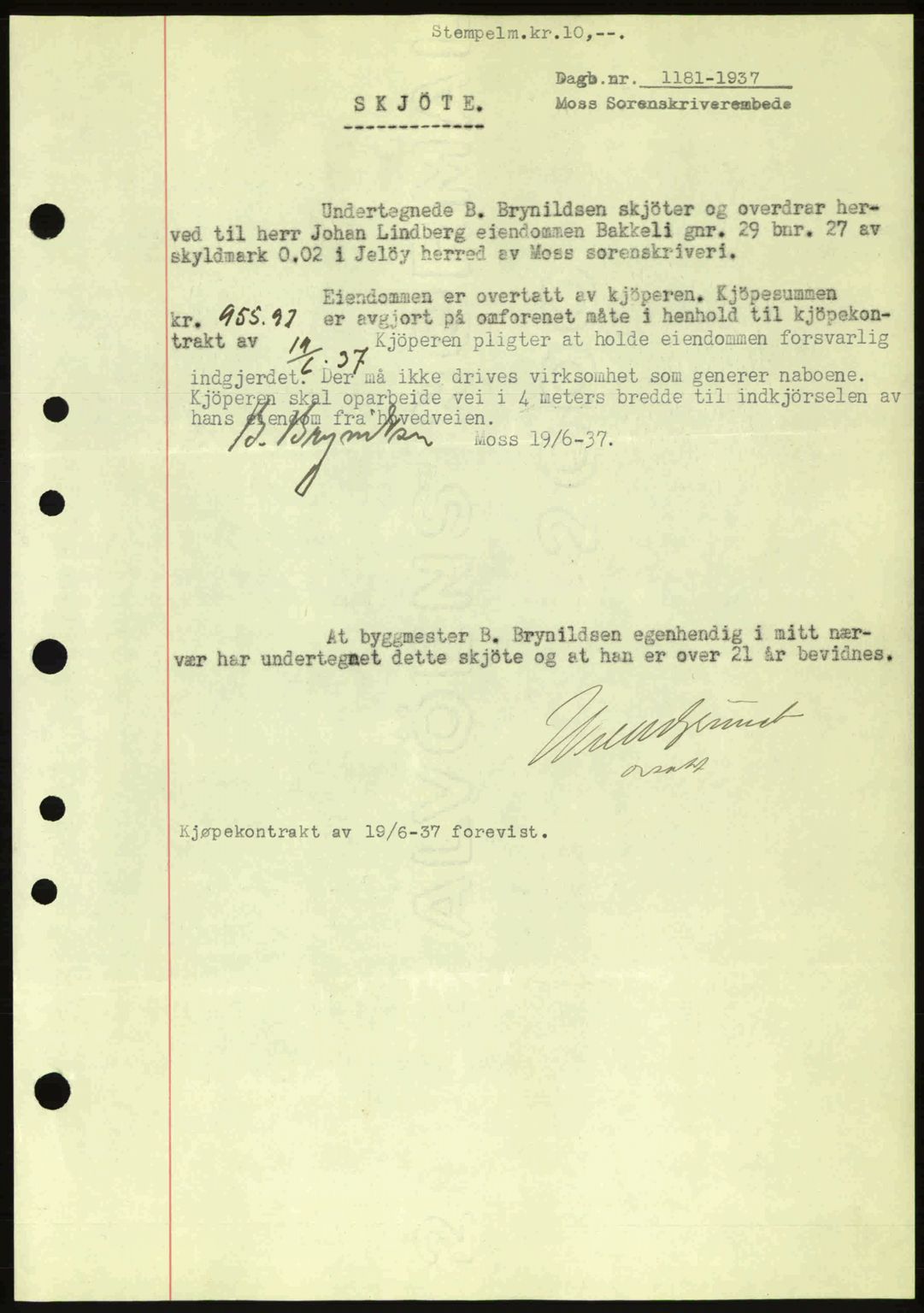Moss sorenskriveri, SAO/A-10168: Pantebok nr. A3, 1937-1938, Dagboknr: 1181/1937