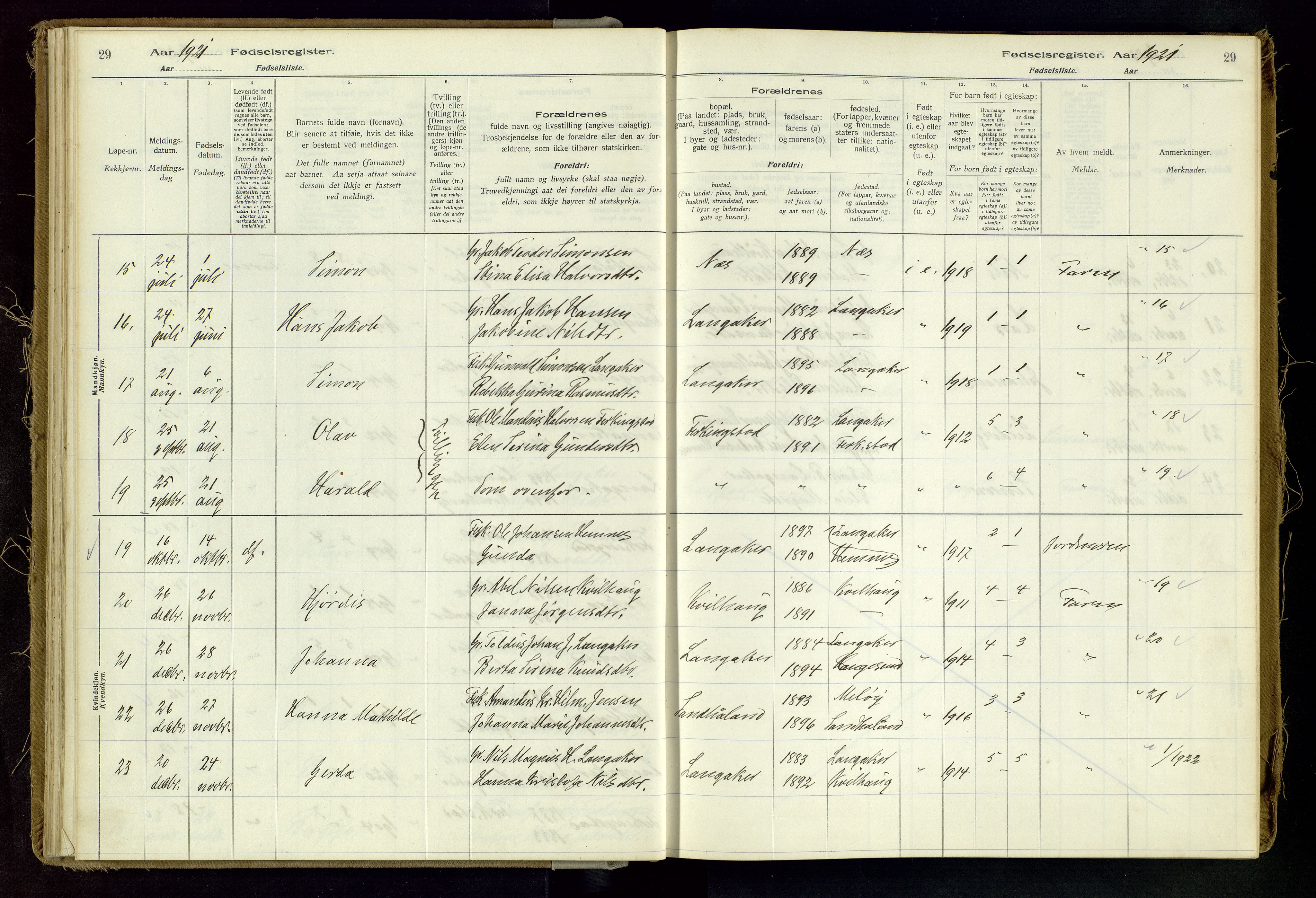 Skudenes sokneprestkontor, AV/SAST-A -101849/I/Id/L0002: Fødselsregister nr. 2, 1916-1962, s. 29