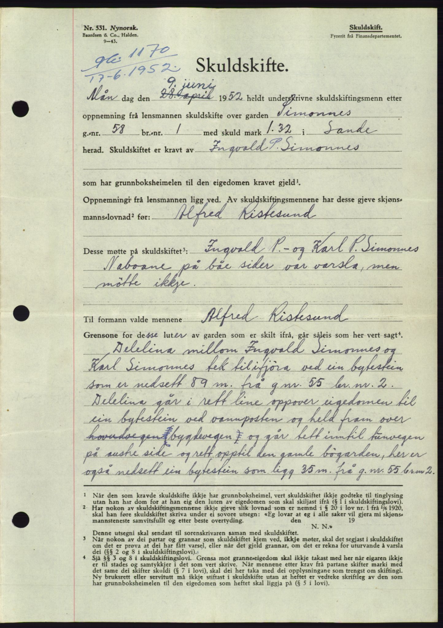 Søre Sunnmøre sorenskriveri, AV/SAT-A-4122/1/2/2C/L0092: Pantebok nr. 18A, 1952-1952, Dagboknr: 1170/1952