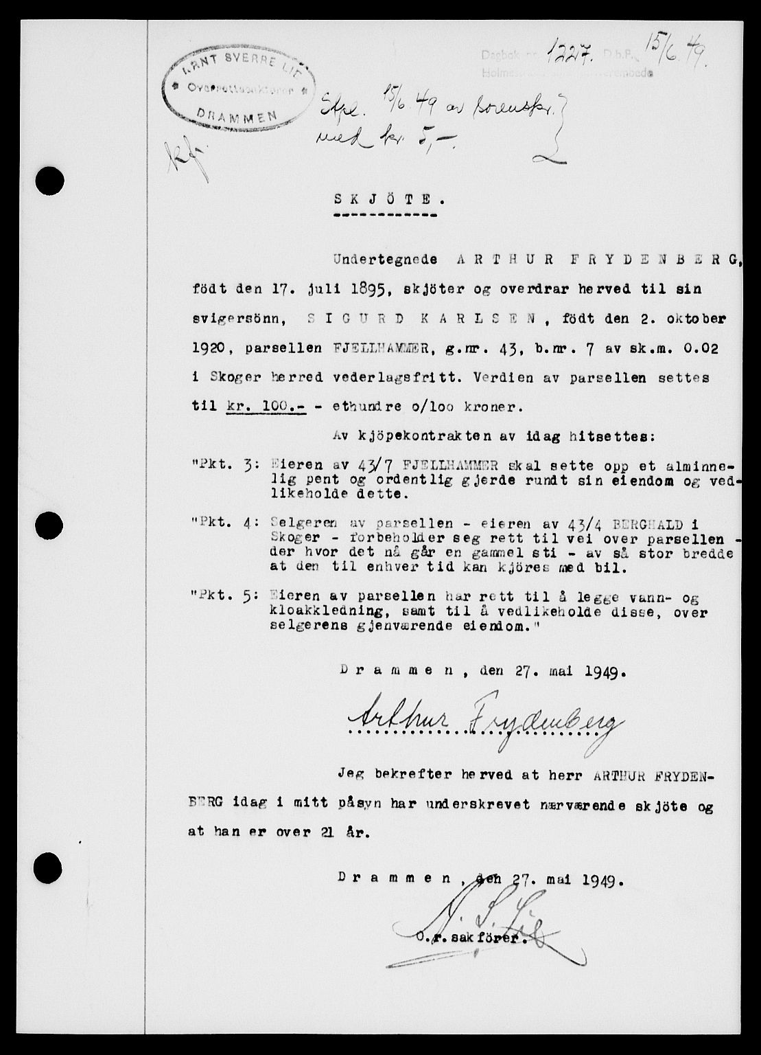 Holmestrand sorenskriveri, SAKO/A-67/G/Ga/Gaa/L0066: Pantebok nr. A-66, 1949-1949, Dagboknr: 1227/1949