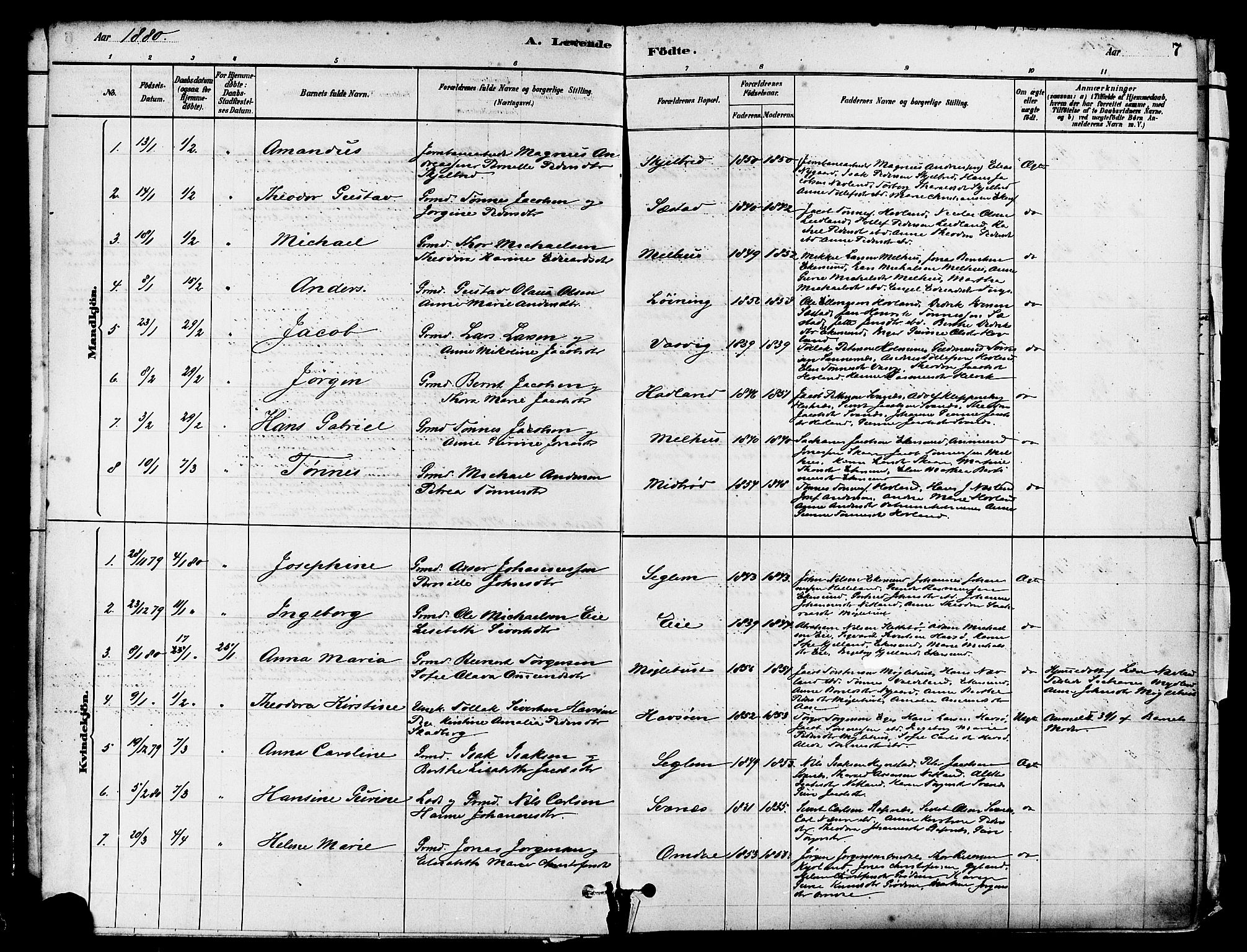 Eigersund sokneprestkontor, AV/SAST-A-101807/001/30/30BA/L0017: Ministerialbok nr. A 14, 1879-1892, s. 7