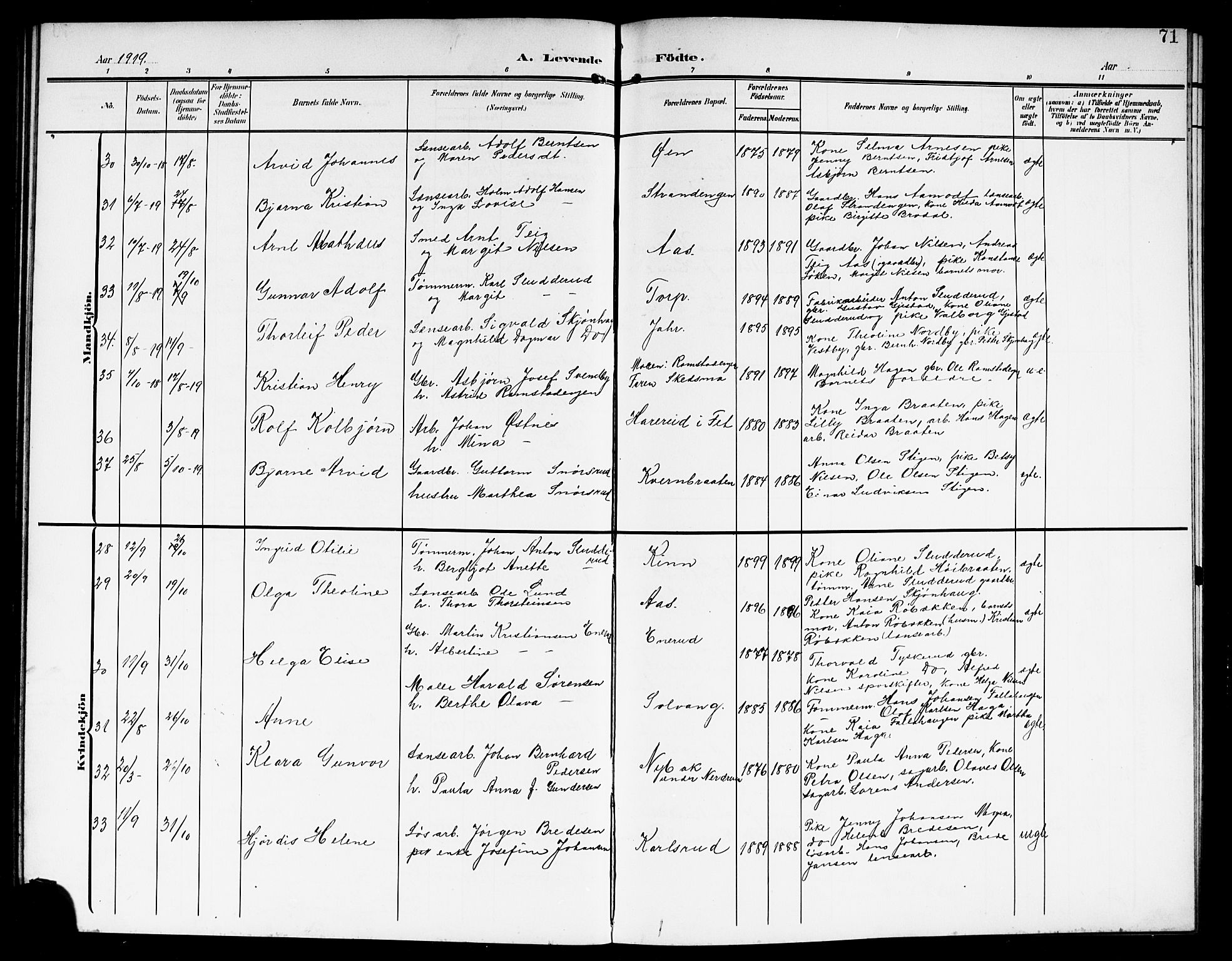 Fet prestekontor Kirkebøker, AV/SAO-A-10370a/G/Ga/L0008: Klokkerbok nr. I 8, 1907-1920, s. 71