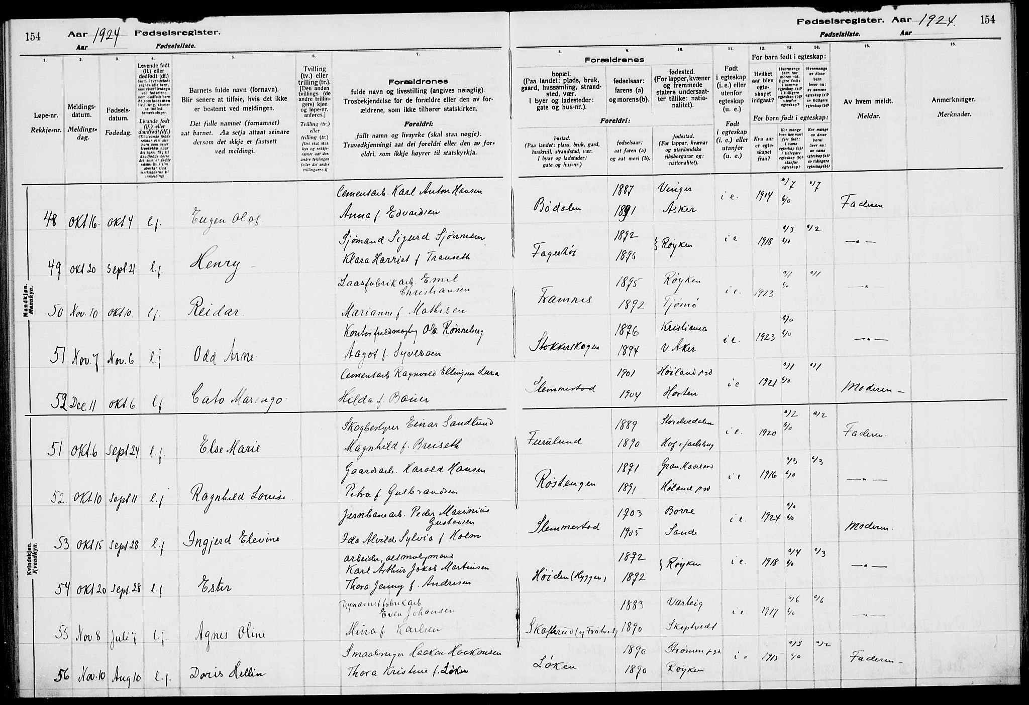 Røyken kirkebøker, AV/SAKO-A-241/J/Ja/L0001: Fødselsregister nr. 1, 1916-1927, s. 154