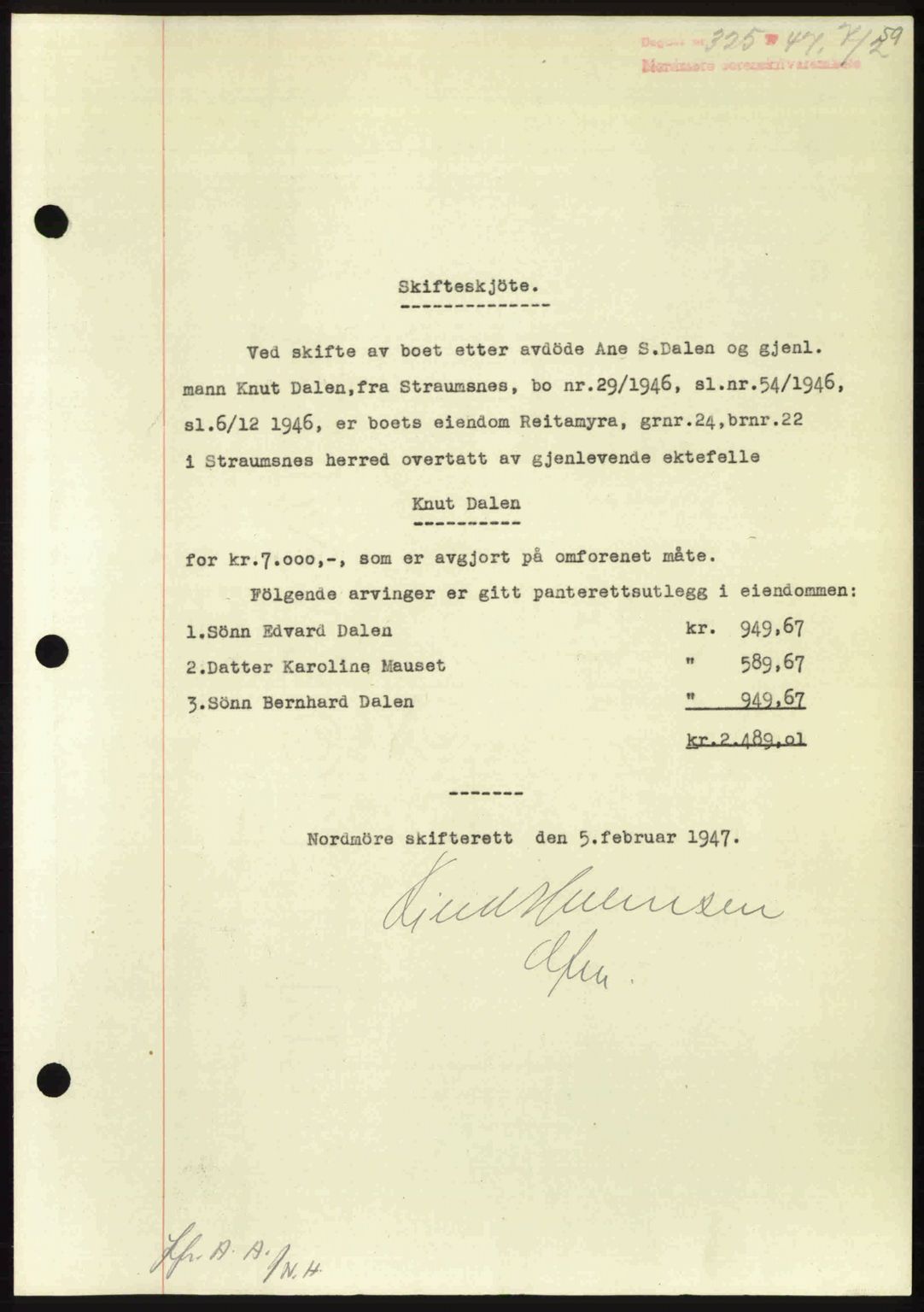 Nordmøre sorenskriveri, SAT/A-4132/1/2/2Ca: Pantebok nr. A104, 1947-1947, Dagboknr: 325/1947