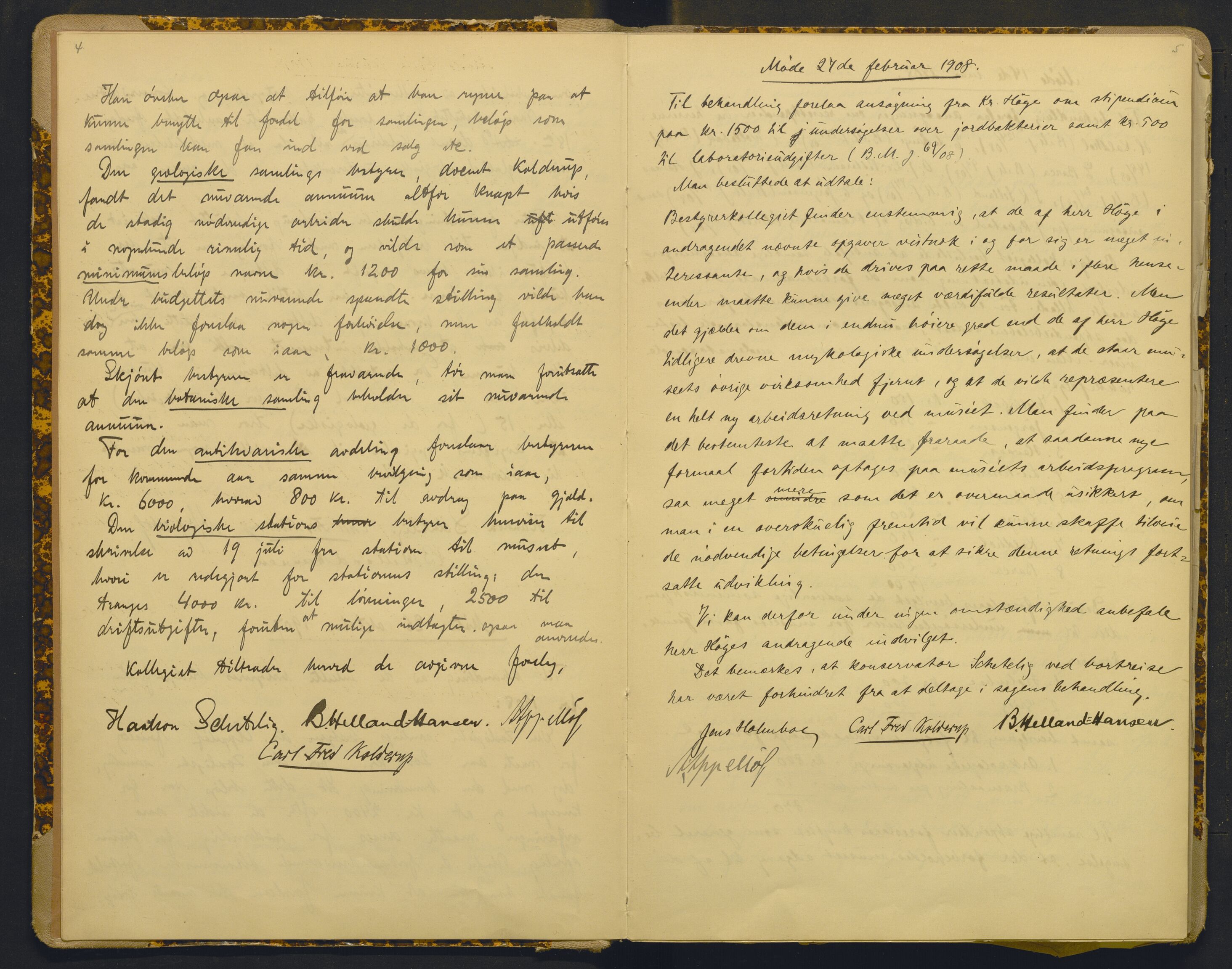 Bergens Museum, AV/SAB-A-17301/18/A/L0001: Bestyrerkollegiets forhandlingsprotokoll med register , 1907-1927, s. 4-5