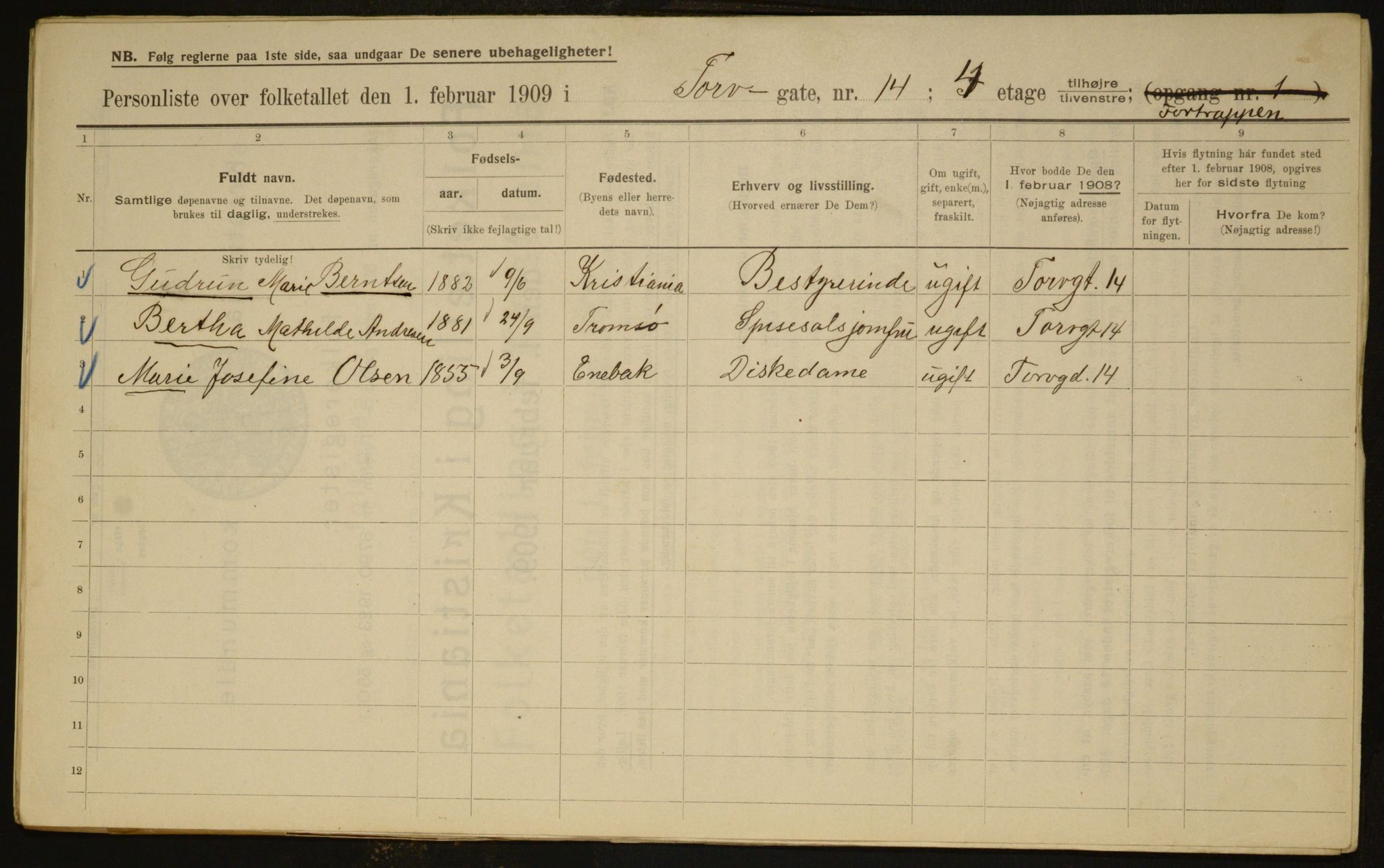 OBA, Kommunal folketelling 1.2.1909 for Kristiania kjøpstad, 1909, s. 103397