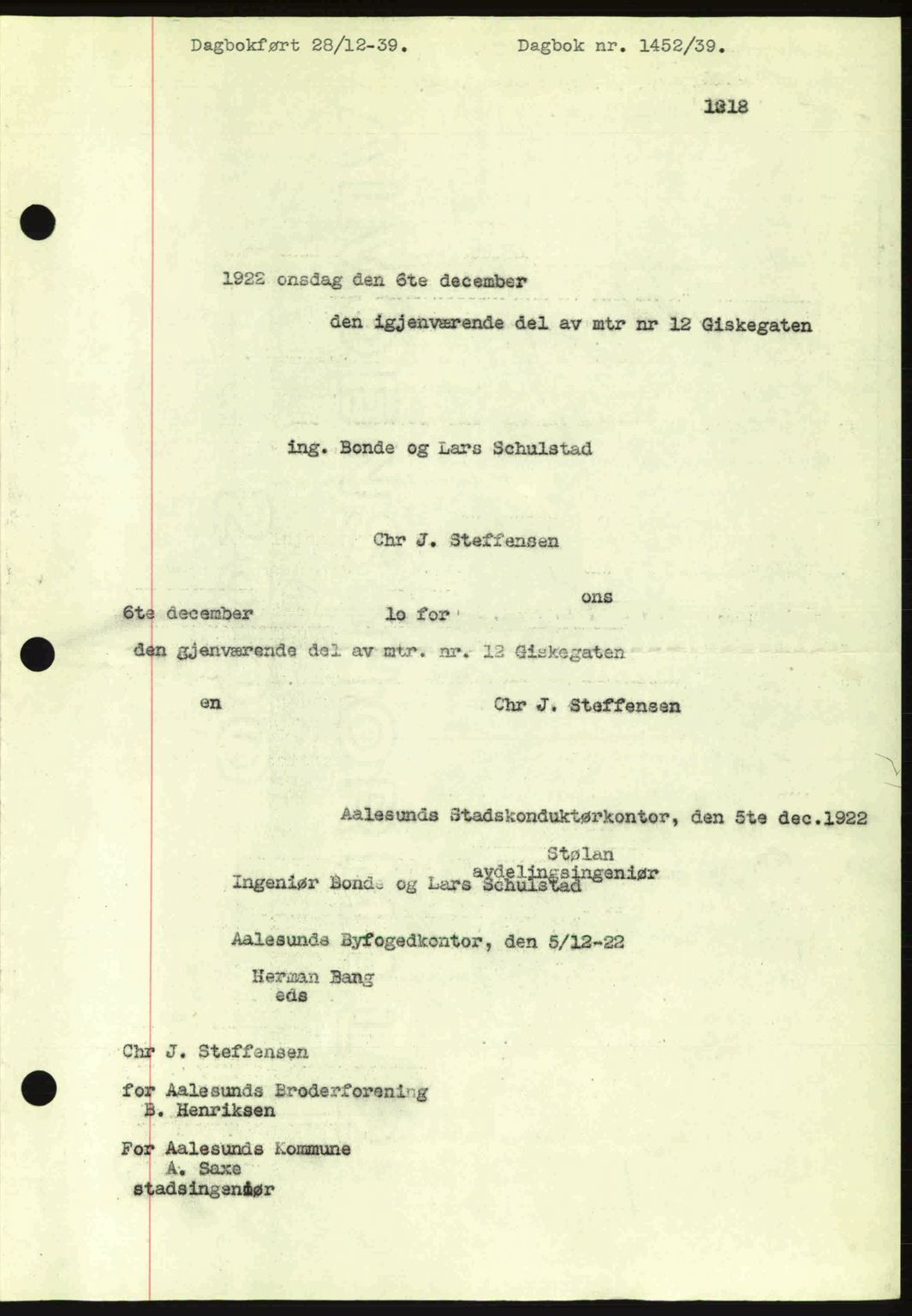 Ålesund byfogd, AV/SAT-A-4384: Pantebok nr. 34 II, 1938-1940, Dagboknr: 1452/1939