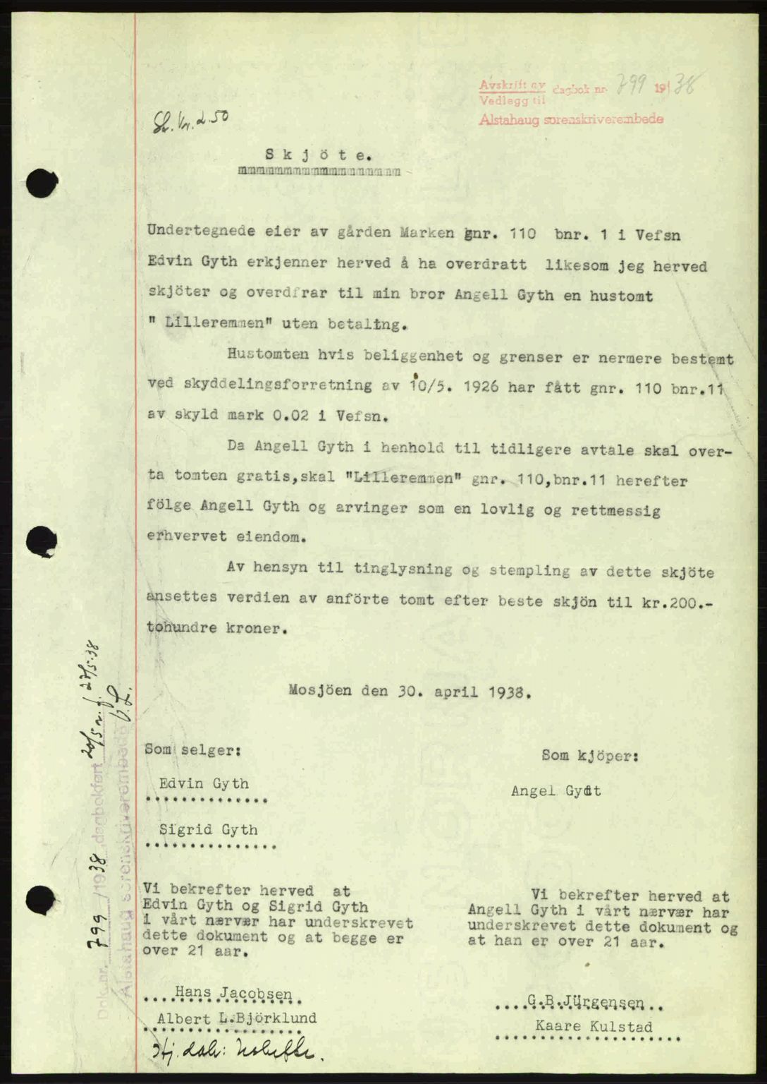 Alstahaug sorenskriveri, SAT/A-1009: Pantebok nr. A3, 1937-1938, Dagboknr: 799/1938