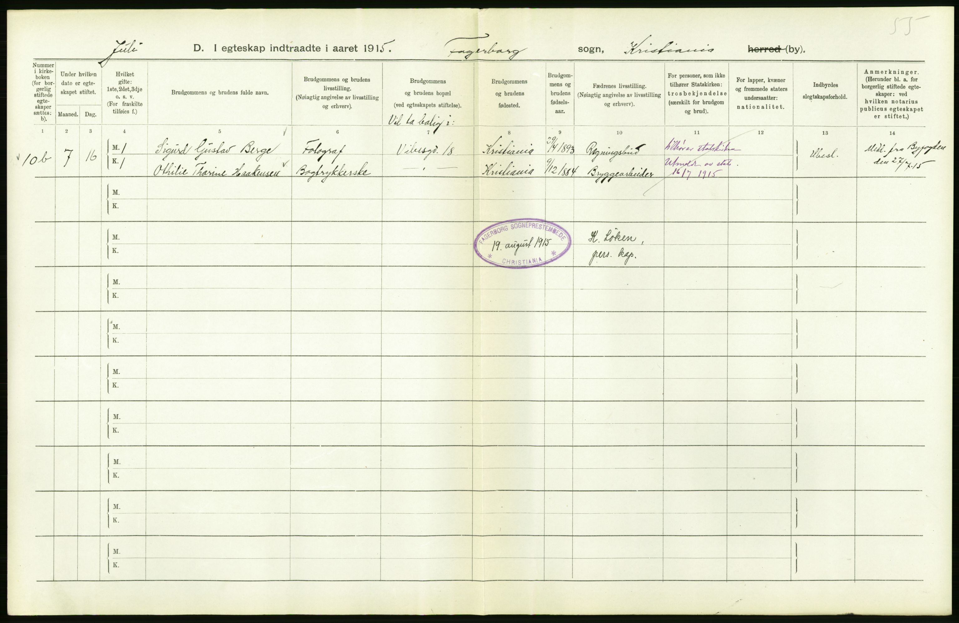 Statistisk sentralbyrå, Sosiodemografiske emner, Befolkning, RA/S-2228/D/Df/Dfb/Dfbe/L0008: Kristiania: Gifte., 1915, s. 296