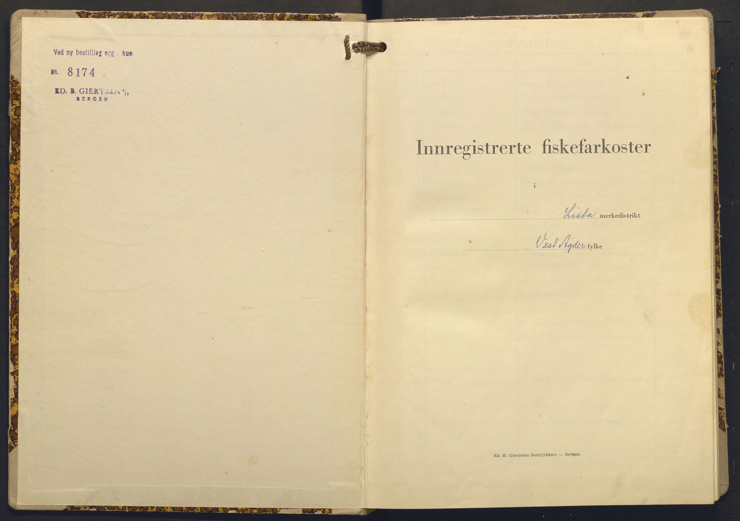 Fiskeridirektoratet - 1 Adm. ledelse - 13 Båtkontoret, SAB/A-2003/I/Ia/Iaj/L0024: 135.1010/5 Merkeprotokoll - Lista, 1956-1962