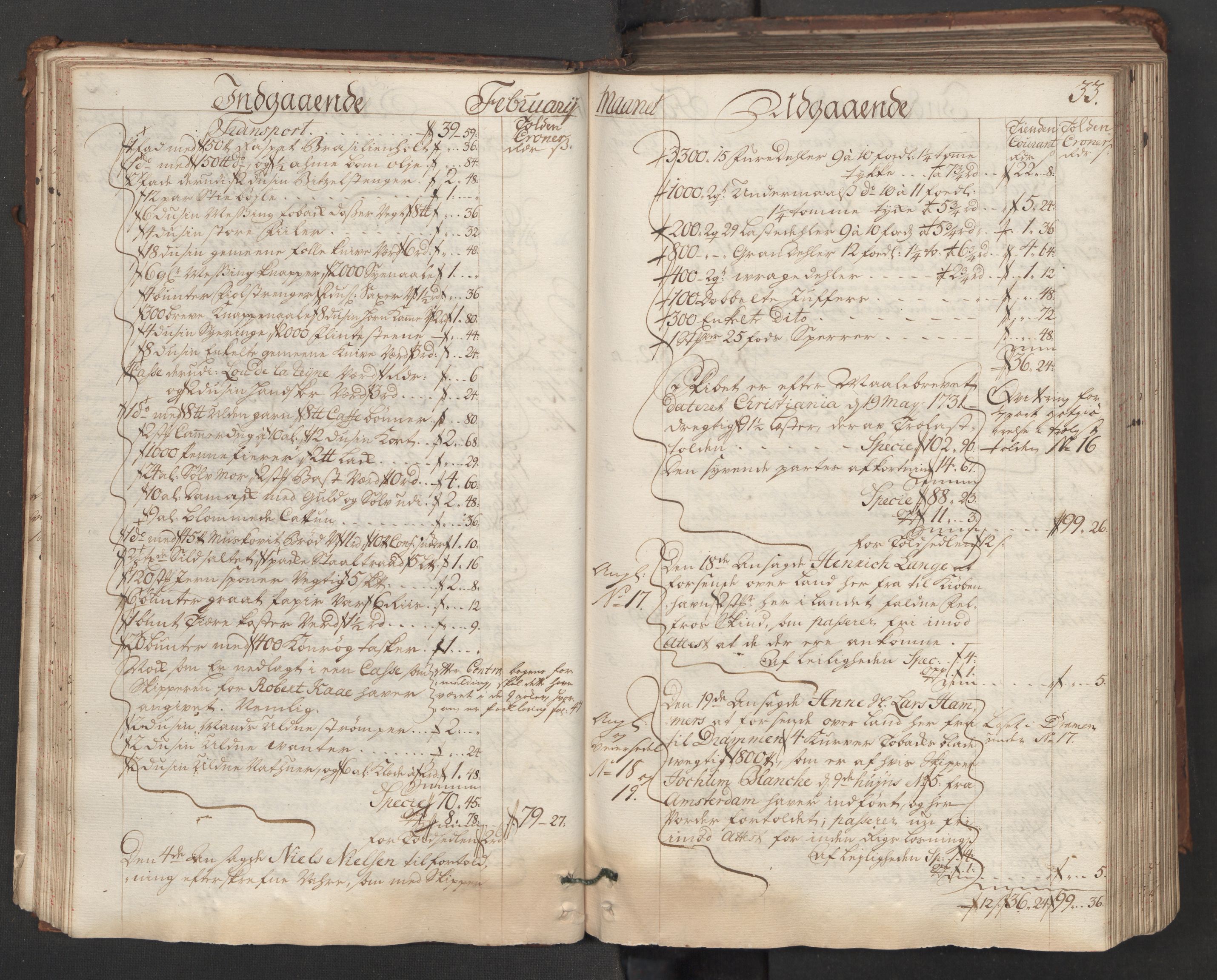 Generaltollkammeret, tollregnskaper, RA/EA-5490/R06/L0015/0001: Tollregnskaper Kristiania / Hovedtollbok, 1733, s. 32b-33a