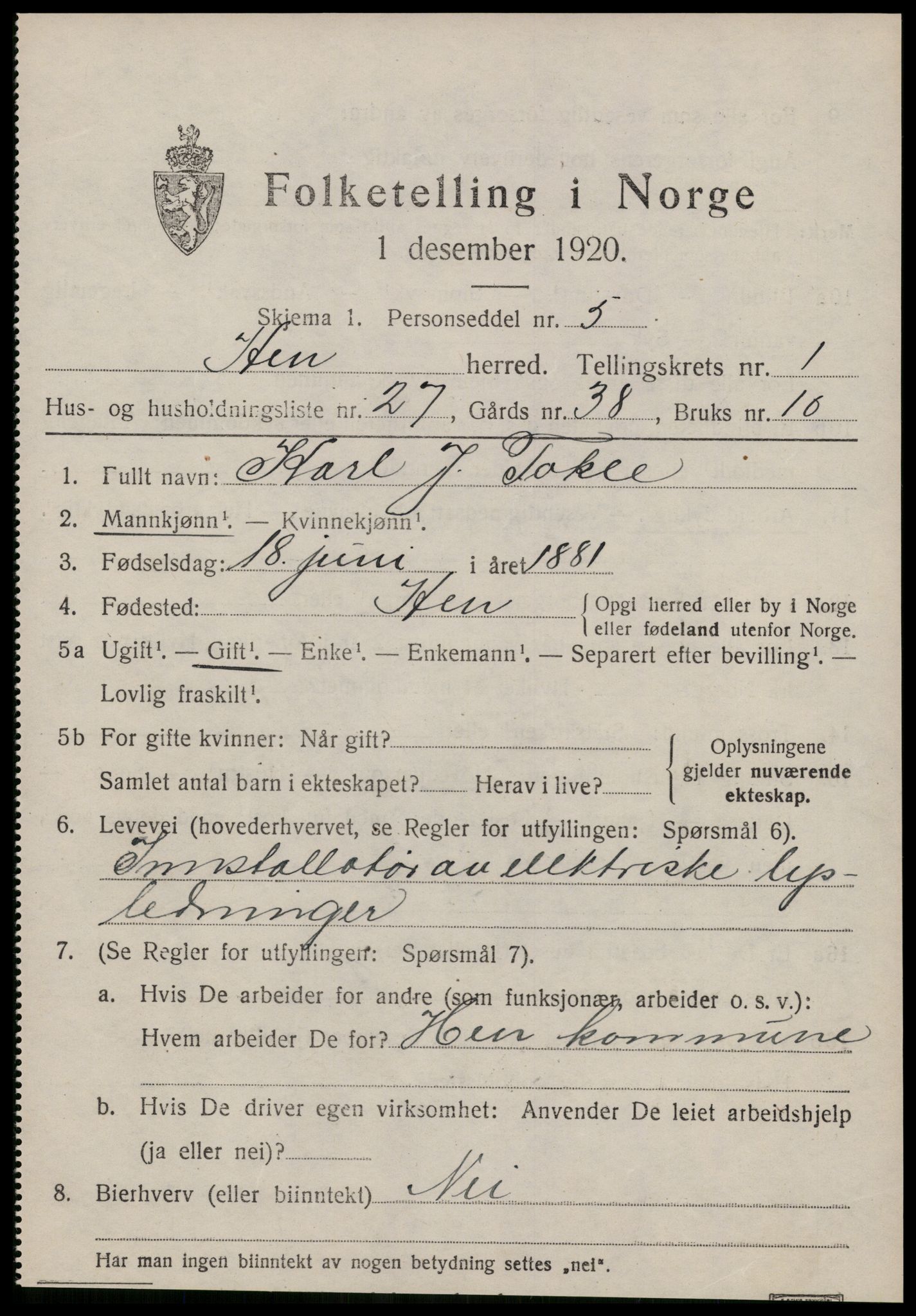 SAT, Folketelling 1920 for 1540 Hen herred, 1920, s. 762