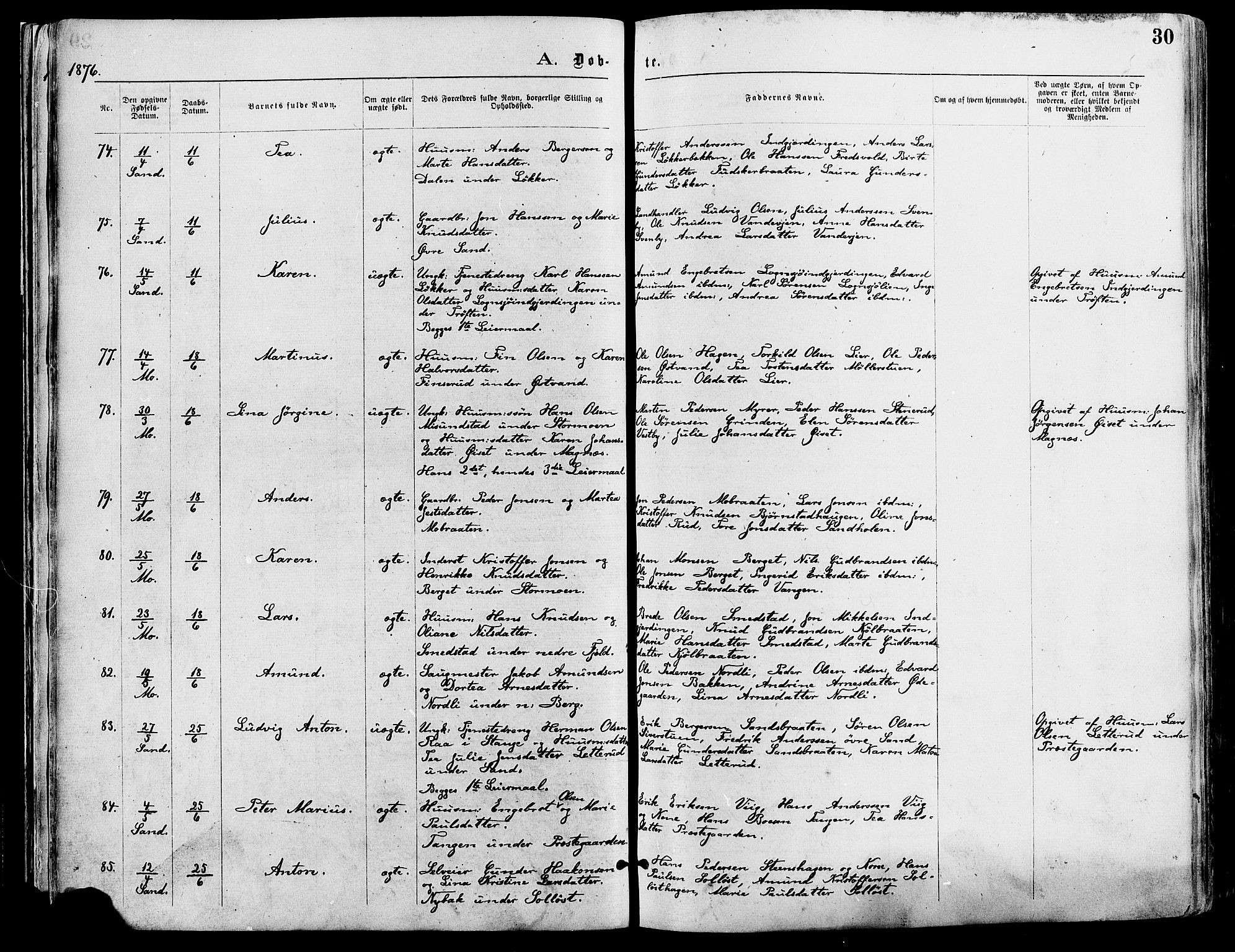 Nord-Odal prestekontor, AV/SAH-PREST-032/H/Ha/Haa/L0005: Ministerialbok nr. 5, 1874-1885, s. 30