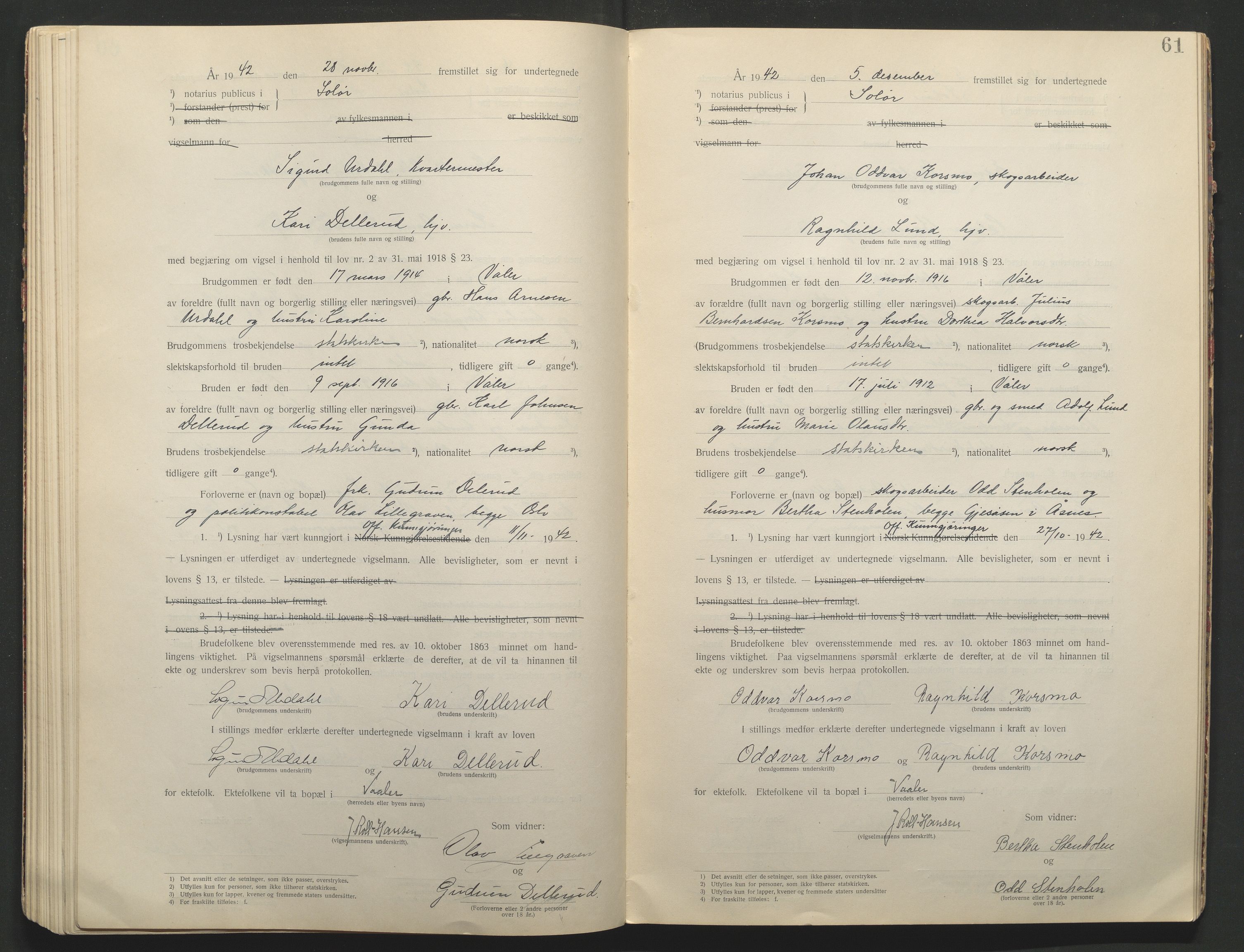 Solør tingrett, AV/SAH-TING-008/L/Lb/L0001: Vigselprotokoll, 1920-1943, s. 61
