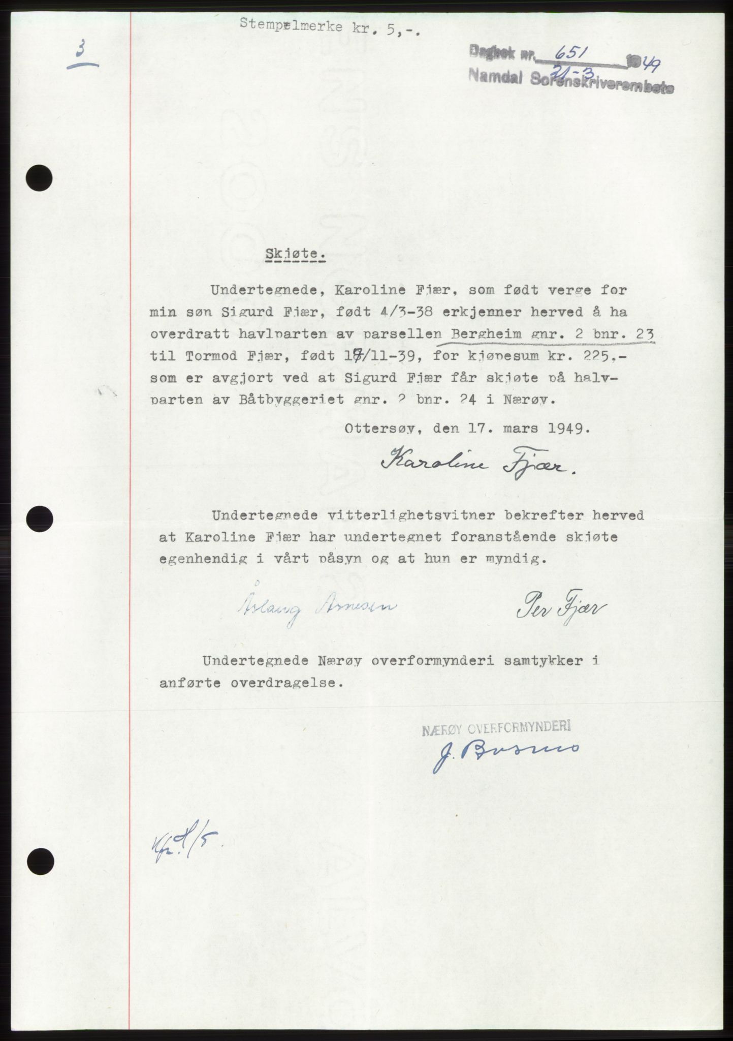 Namdal sorenskriveri, SAT/A-4133/1/2/2C: Pantebok nr. -, 1949-1949, Dagboknr: 651/1949