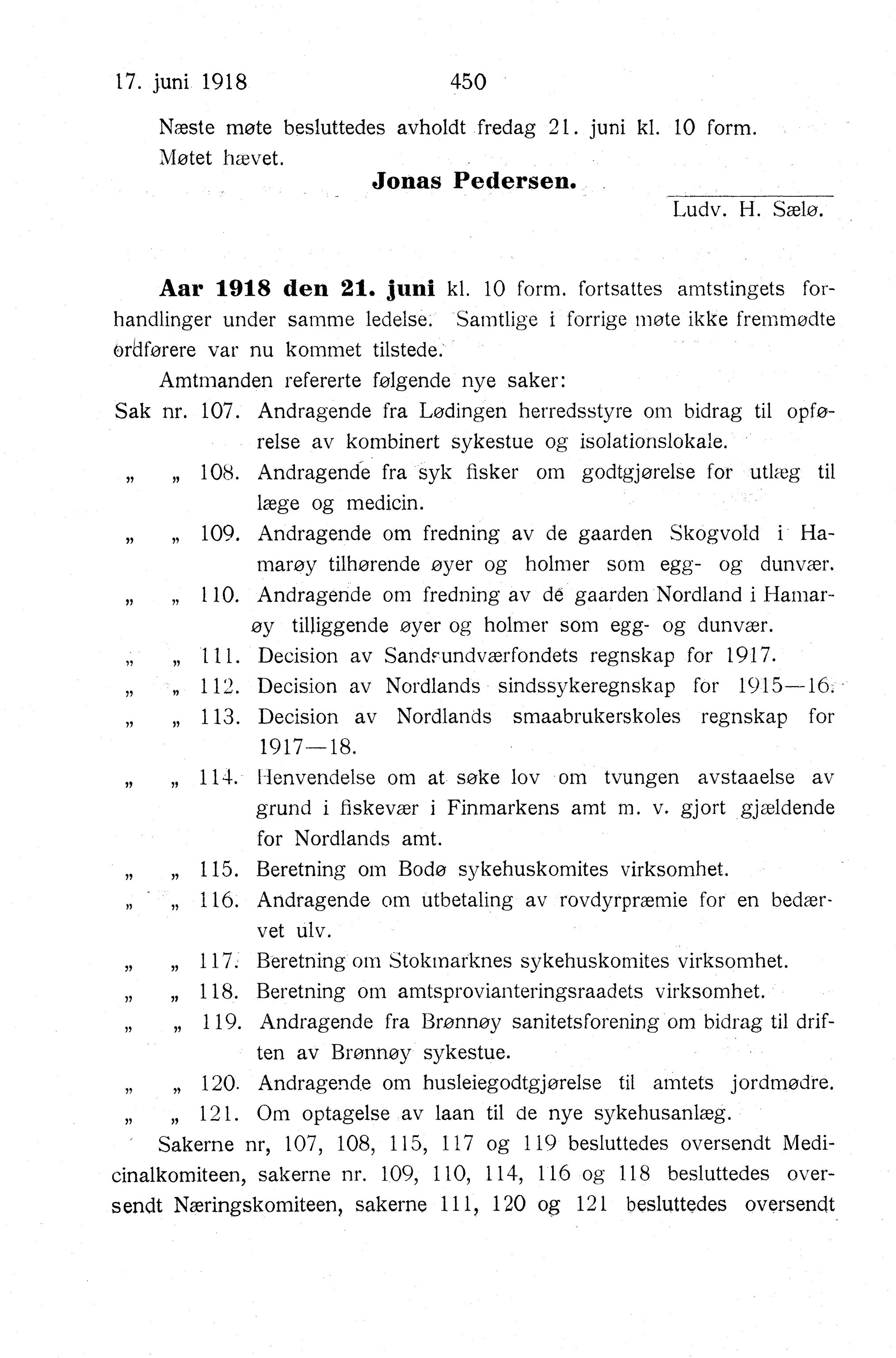 Nordland Fylkeskommune. Fylkestinget, AIN/NFK-17/176/A/Ac/L0041: Fylkestingsforhandlinger 1918, 1918, s. 450