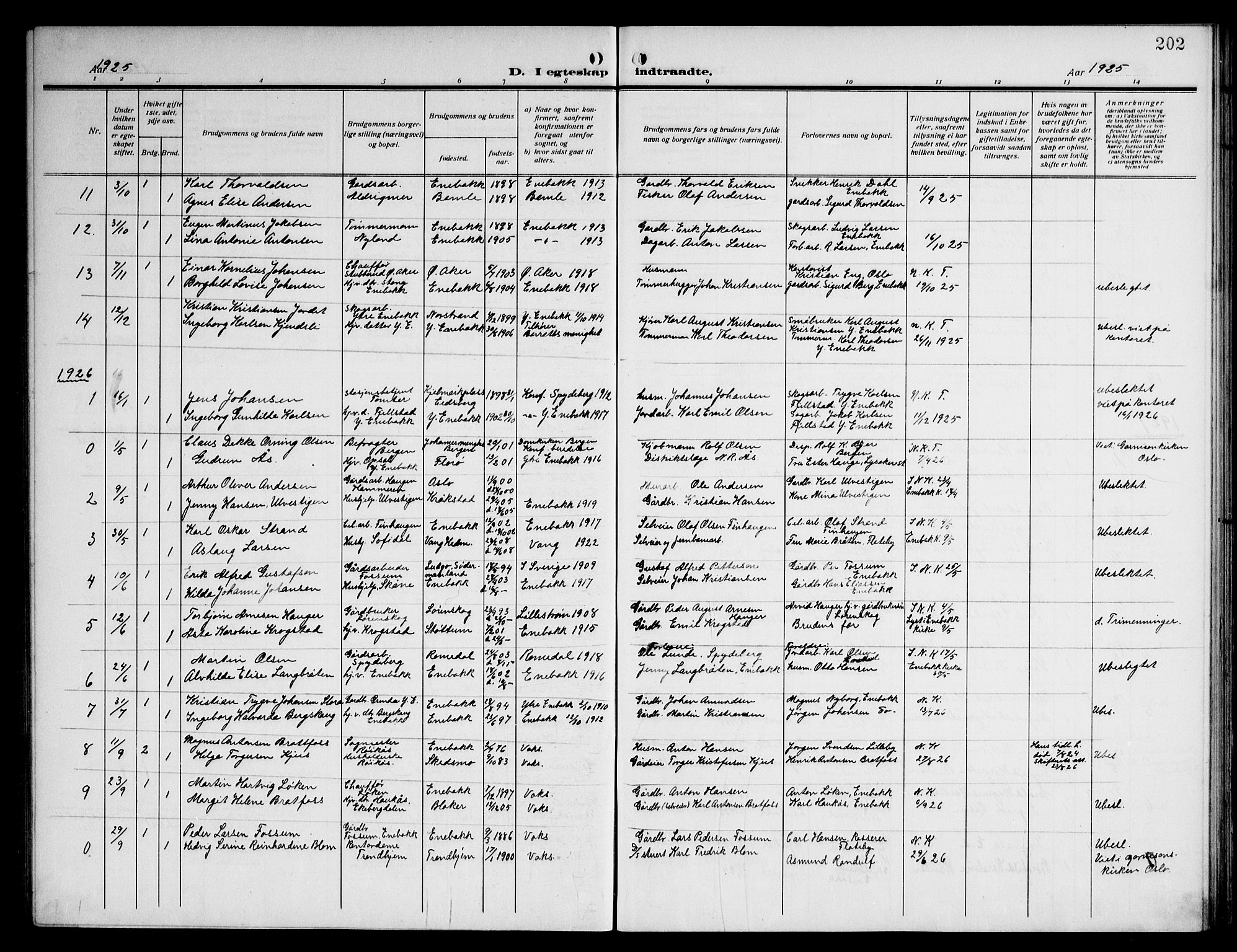 Enebakk prestekontor Kirkebøker, AV/SAO-A-10171c/G/Ga/L0007: Klokkerbok nr. I 7, 1911-1949, s. 202