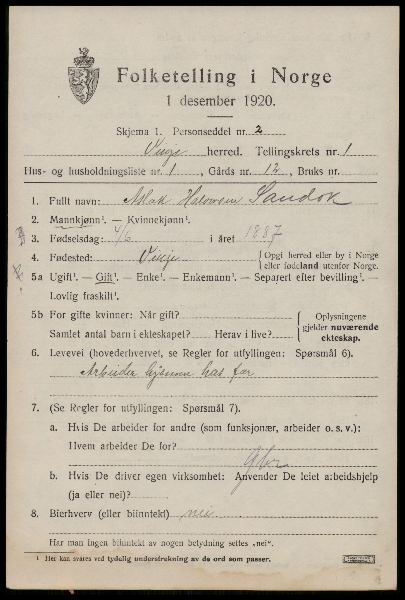 SAKO, Folketelling 1920 for 0834 Vinje herred, 1920, s. 707