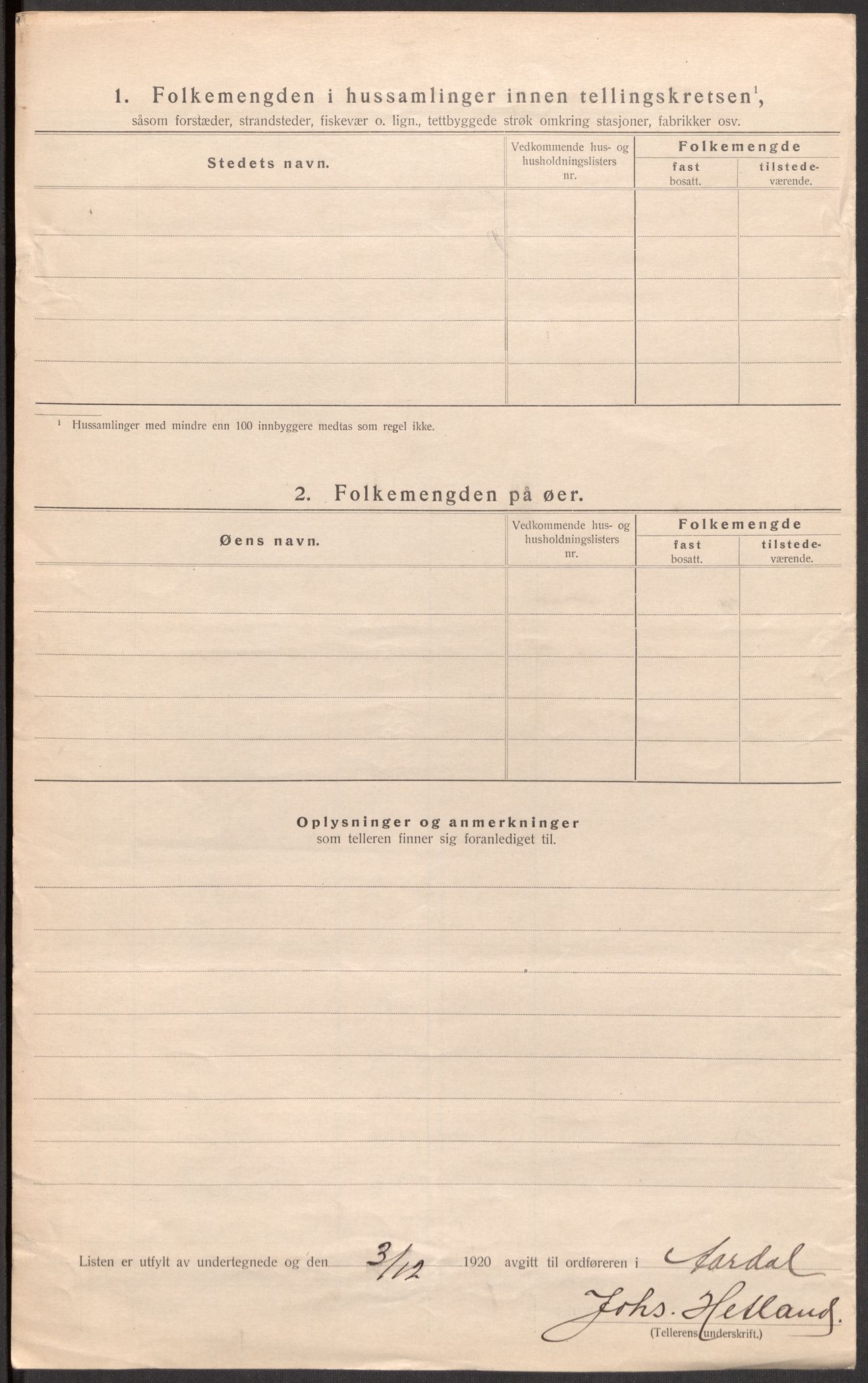 SAST, Folketelling 1920 for 1131 Årdal herred, 1920, s. 12