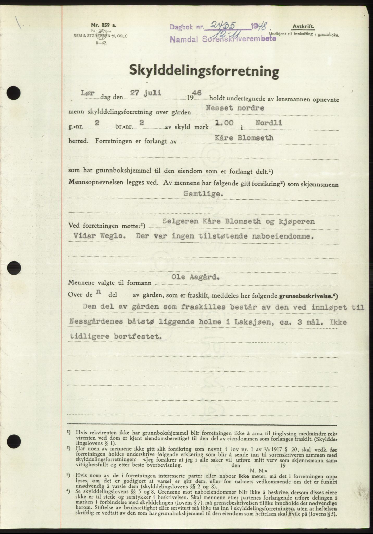 Namdal sorenskriveri, SAT/A-4133/1/2/2C: Pantebok nr. -, 1948-1948, Dagboknr: 2435/1948