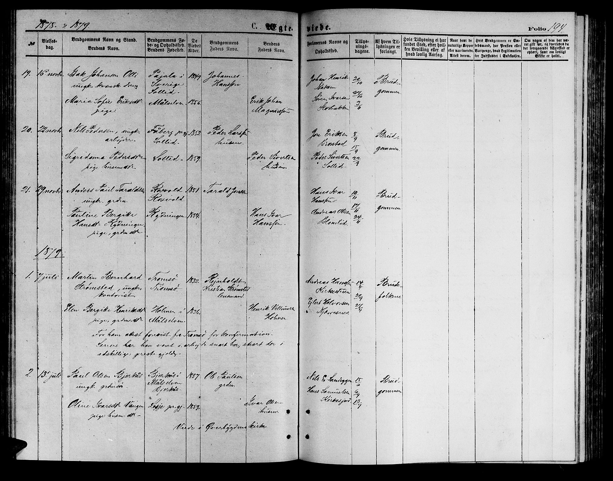 Målselv sokneprestembete, AV/SATØ-S-1311/G/Ga/Gab/L0003klokker: Klokkerbok nr. 3, 1874-1885, s. 194