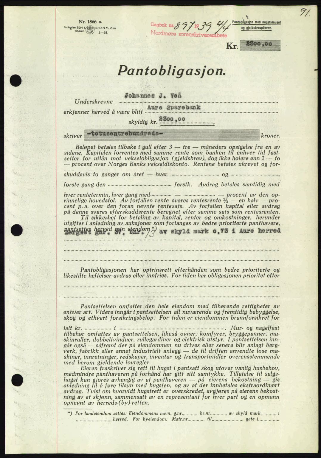 Nordmøre sorenskriveri, AV/SAT-A-4132/1/2/2Ca: Pantebok nr. B85, 1939-1939, Dagboknr: 883/1939