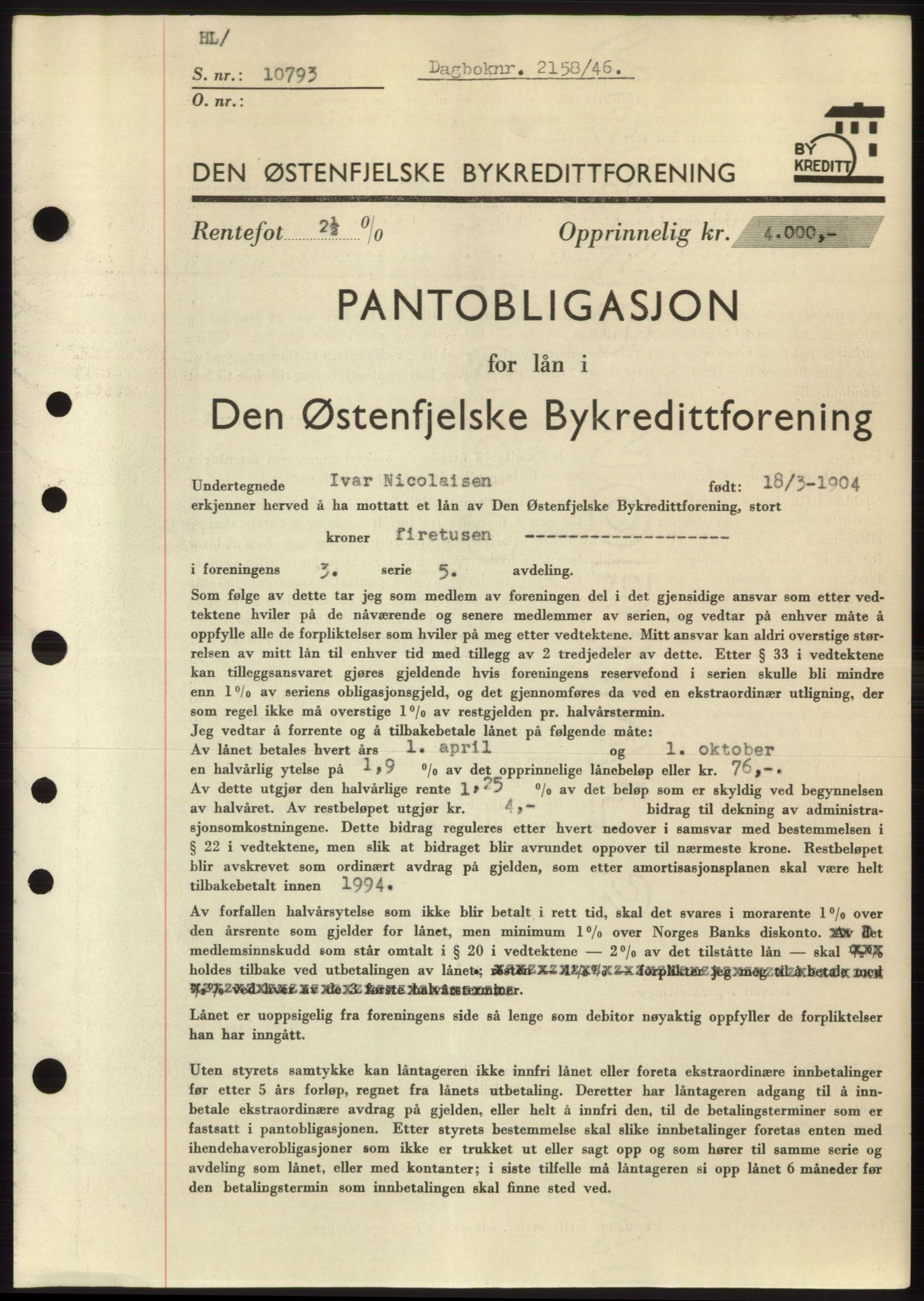 Moss sorenskriveri, SAO/A-10168: Pantebok nr. B15, 1946-1946, Dagboknr: 2158/1946