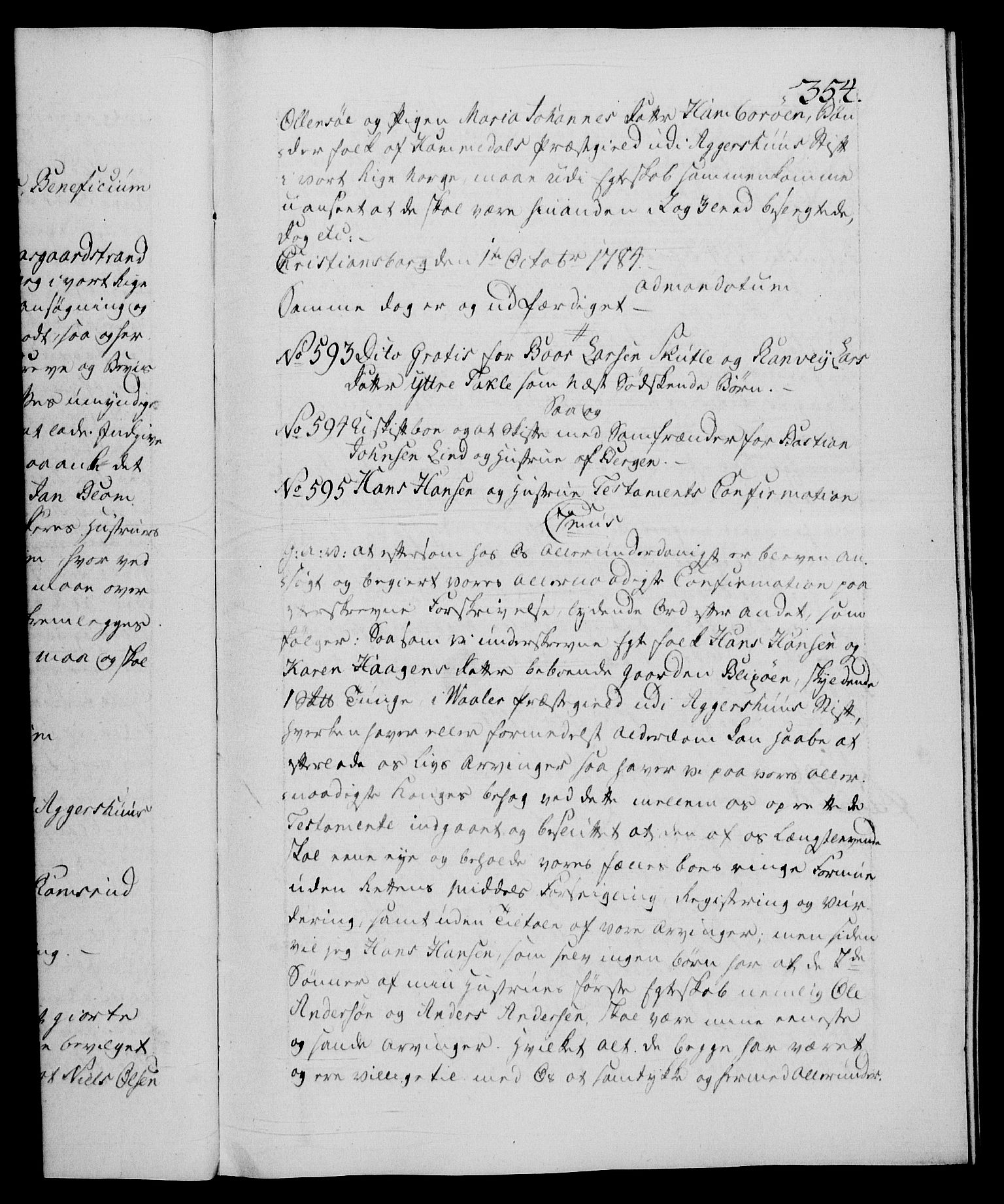 Danske Kanselli 1572-1799, RA/EA-3023/F/Fc/Fca/Fcaa/L0050: Norske registre, 1784-1785, s. 354a