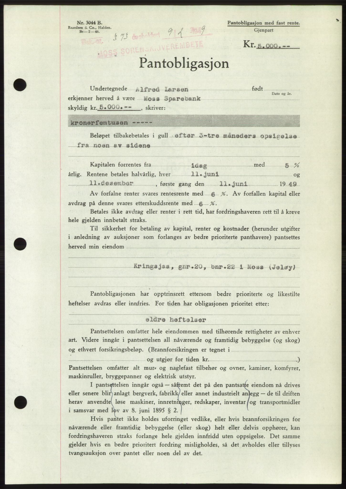 Moss sorenskriveri, SAO/A-10168: Pantebok nr. B21, 1949-1949, Dagboknr: 373/1949