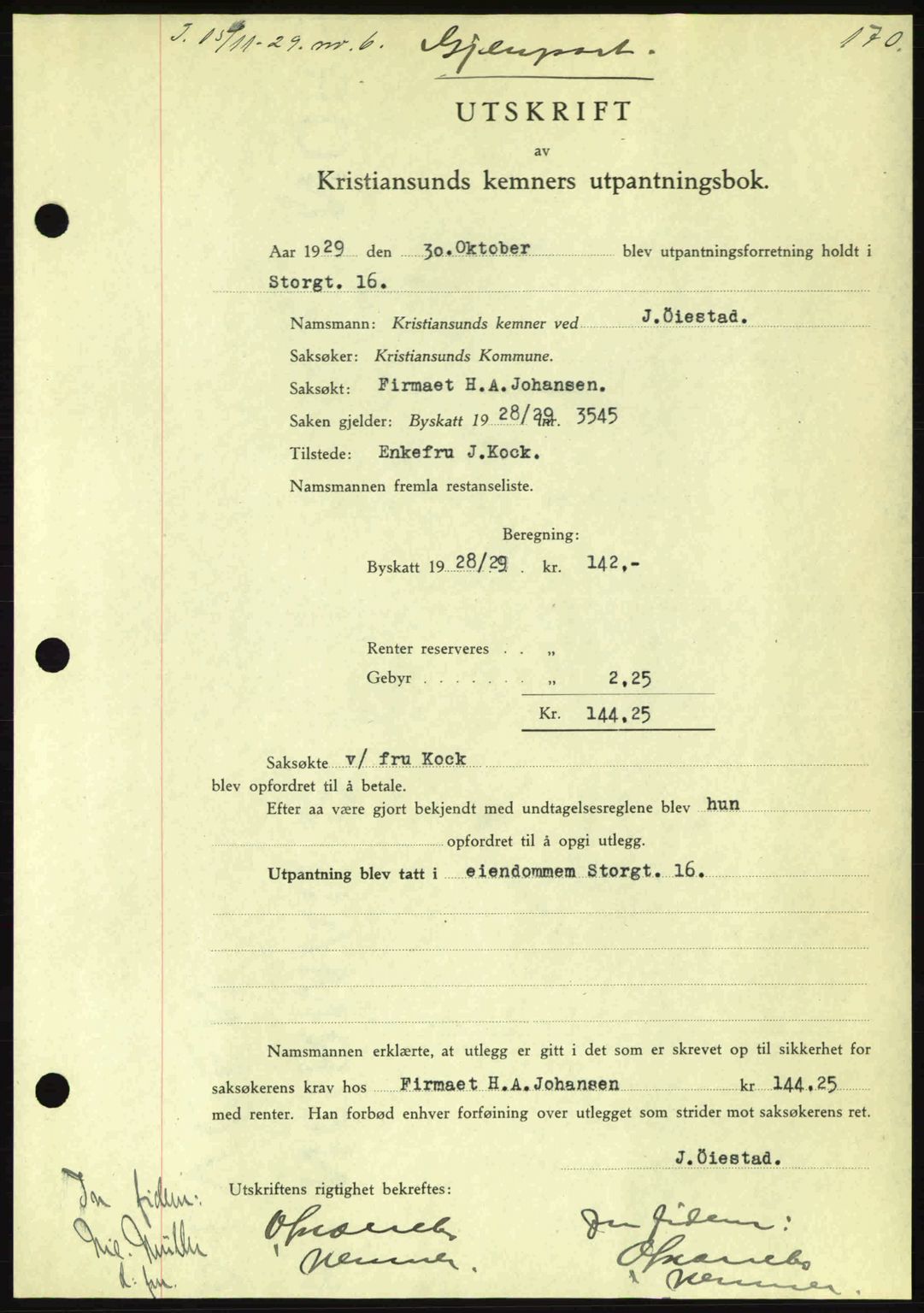 Kristiansund byfogd, AV/SAT-A-4587/A/27: Pantebok nr. 23, 1929-1930, Tingl.dato: 15.11.1929