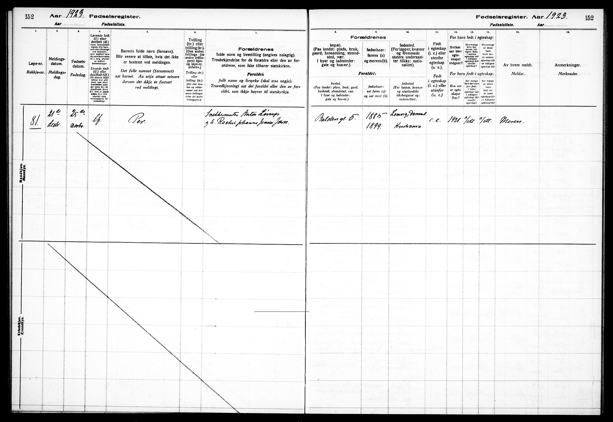 Frogner prestekontor Kirkebøker, SAO/A-10886/J/Ja/L0001: Fødselsregister nr. 1, 1916-1927, s. 152