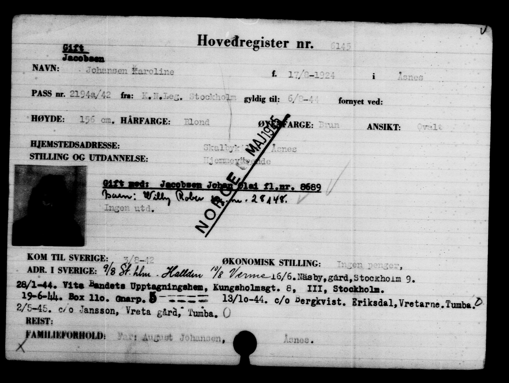 Utenriksstasjonene, Legasjonen i Stockholm, Flyktningkontoret, AV/RA-S-6753/V/Va/L0004: Kjesäterkartoteket, flyktninger med registreringsnr. 3496-6610, 1940-1945, s. 3105