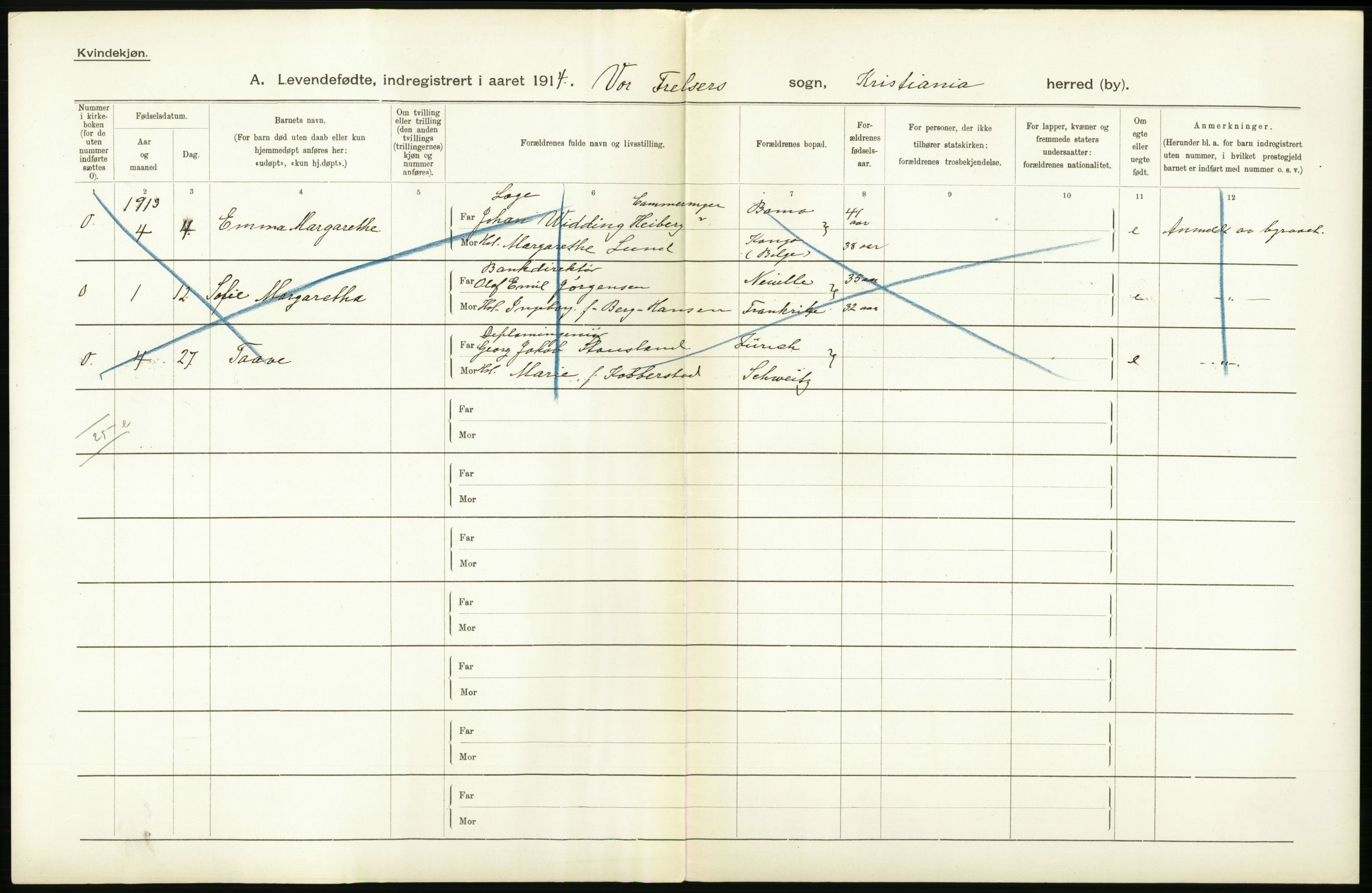 Statistisk sentralbyrå, Sosiodemografiske emner, Befolkning, AV/RA-S-2228/D/Df/Dfb/Dfbd/L0006: Kristiania: Levendefødte menn og kvinner., 1914, s. 64