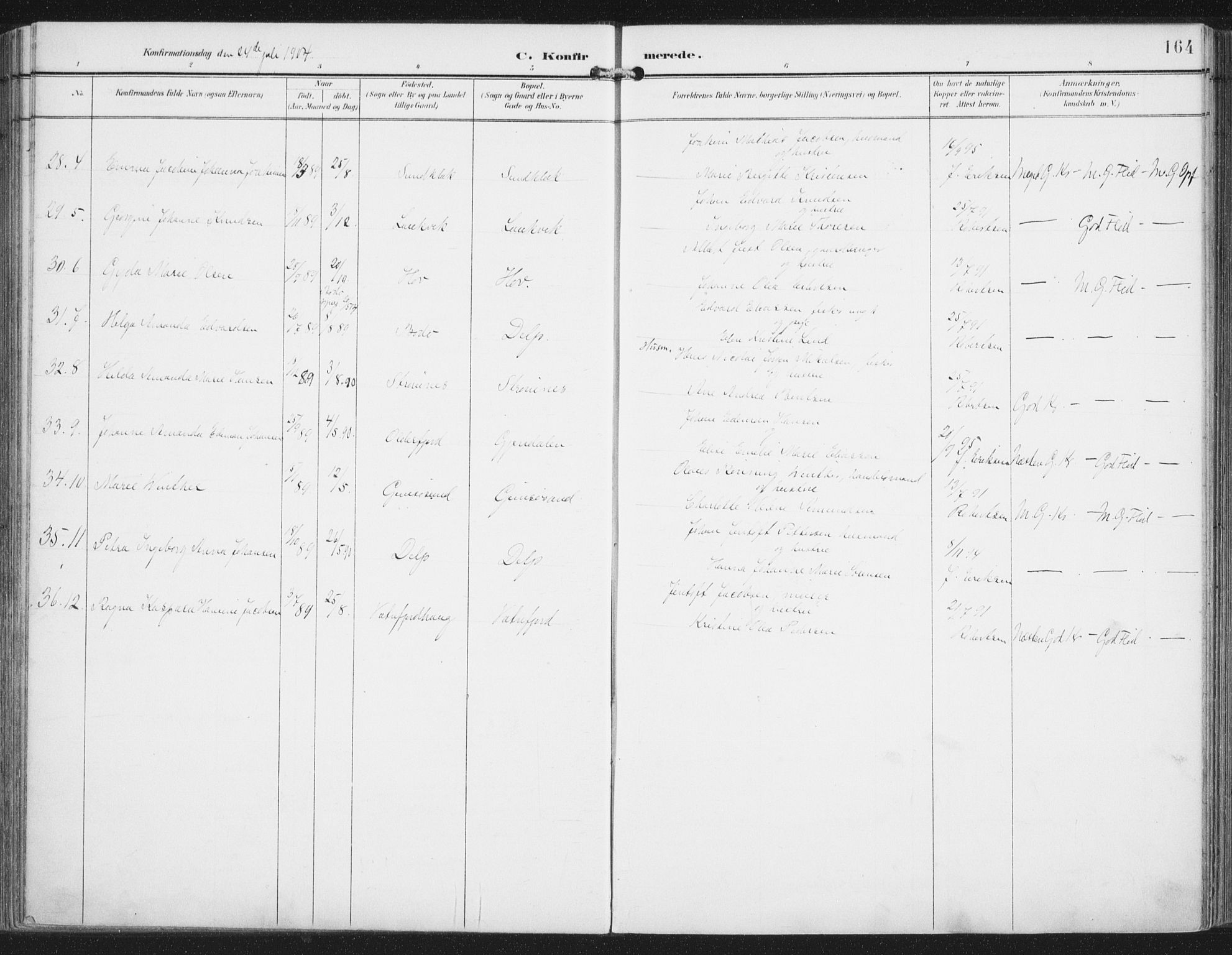 Ministerialprotokoller, klokkerbøker og fødselsregistre - Nordland, SAT/A-1459/876/L1098: Ministerialbok nr. 876A04, 1896-1915, s. 164