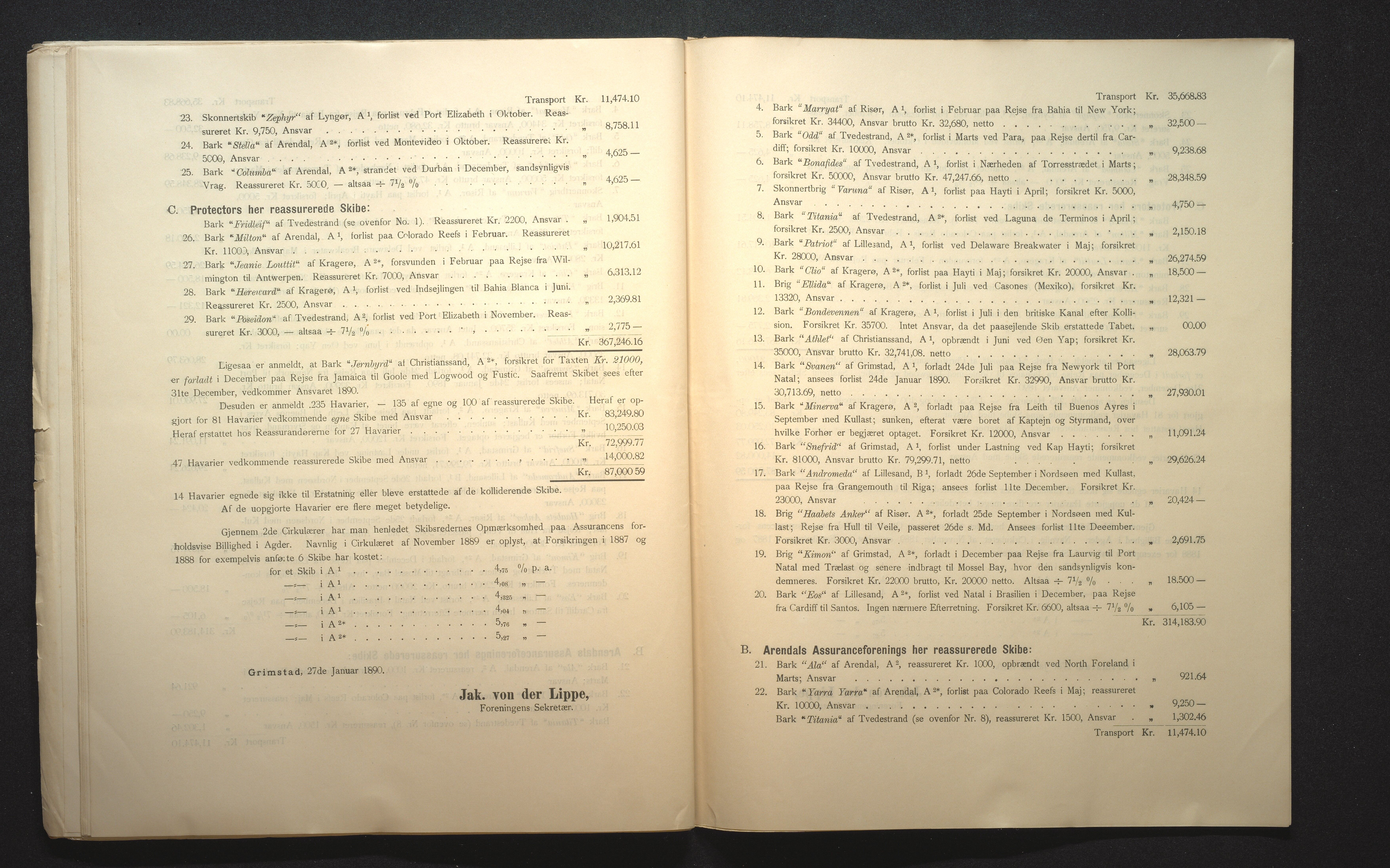 Agders Gjensidige Assuranceforening, AAKS/PA-1718/05/L0002: Regnskap, seilavdeling, pakkesak, 1881-1889