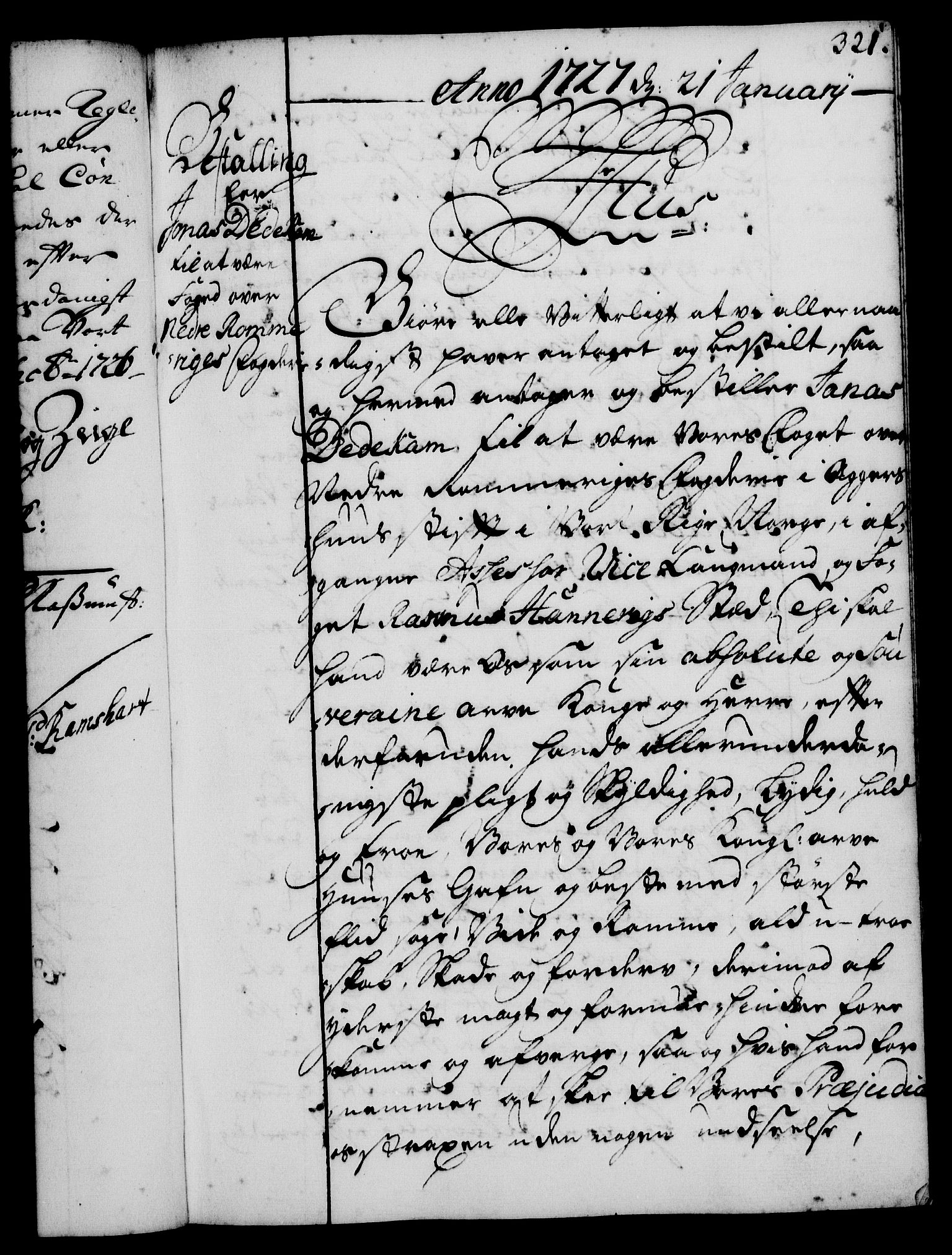 Rentekammeret, Kammerkanselliet, AV/RA-EA-3111/G/Gg/Gge/L0001: Norsk bestallingsprotokoll med register (merket RK 53.25), 1720-1730, s. 321