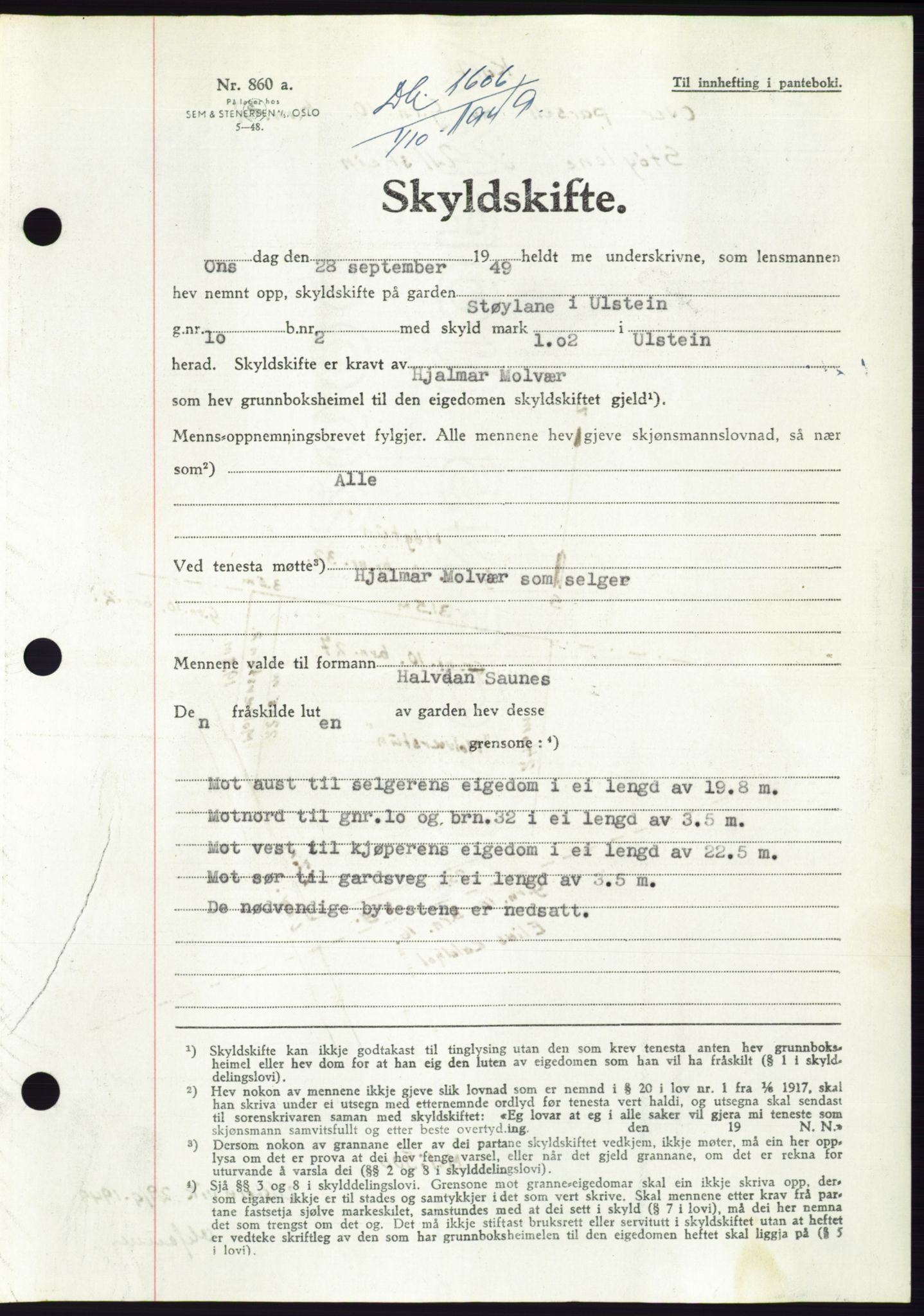 Søre Sunnmøre sorenskriveri, AV/SAT-A-4122/1/2/2C/L0085: Pantebok nr. 11A, 1949-1949, Dagboknr: 1606/1949