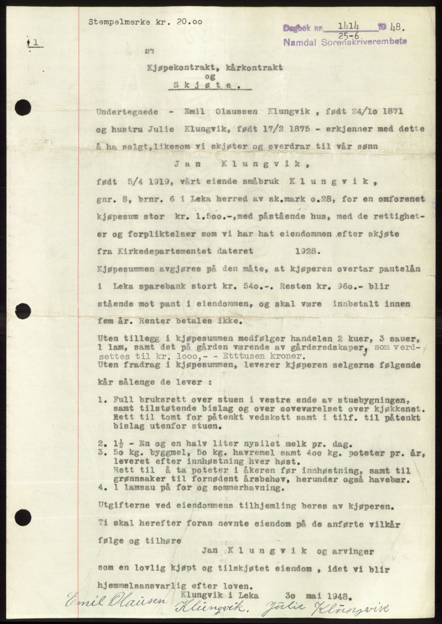 Namdal sorenskriveri, SAT/A-4133/1/2/2C: Pantebok nr. -, 1948-1948, Dagboknr: 1414/1948