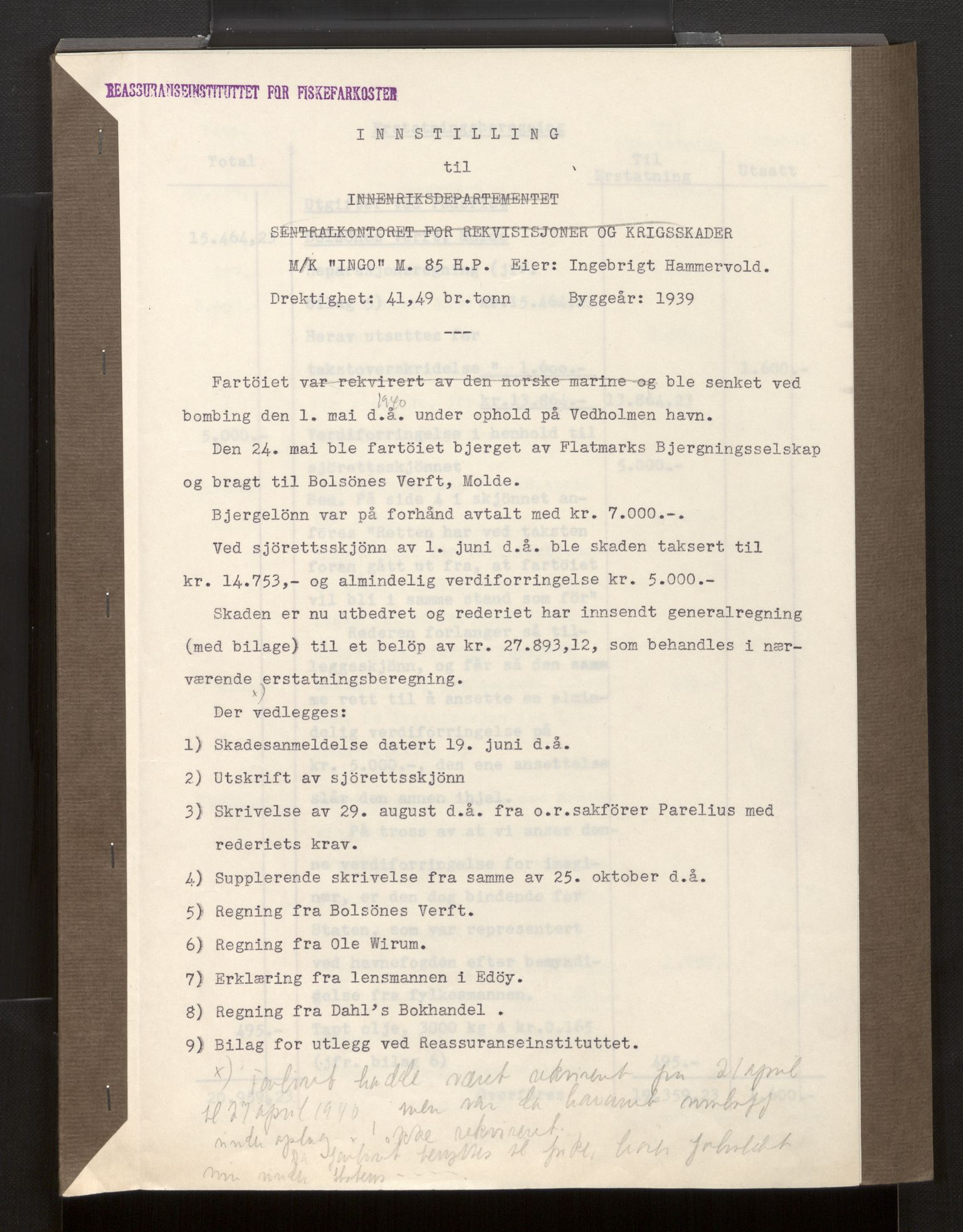 Fiskeridirektoratet - 1 Adm. ledelse - 13 Båtkontoret, AV/SAB-A-2003/La/L0058: Statens krigsforsikring for fiskeflåten, 1936-1971, s. 227