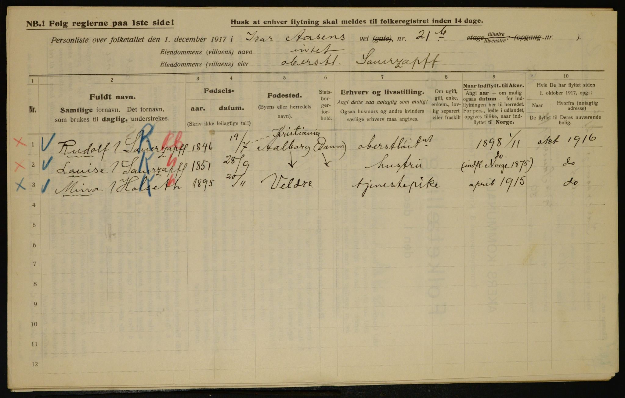 OBA, Kommunal folketelling 1.12.1917 for Aker, 1917, s. 6483