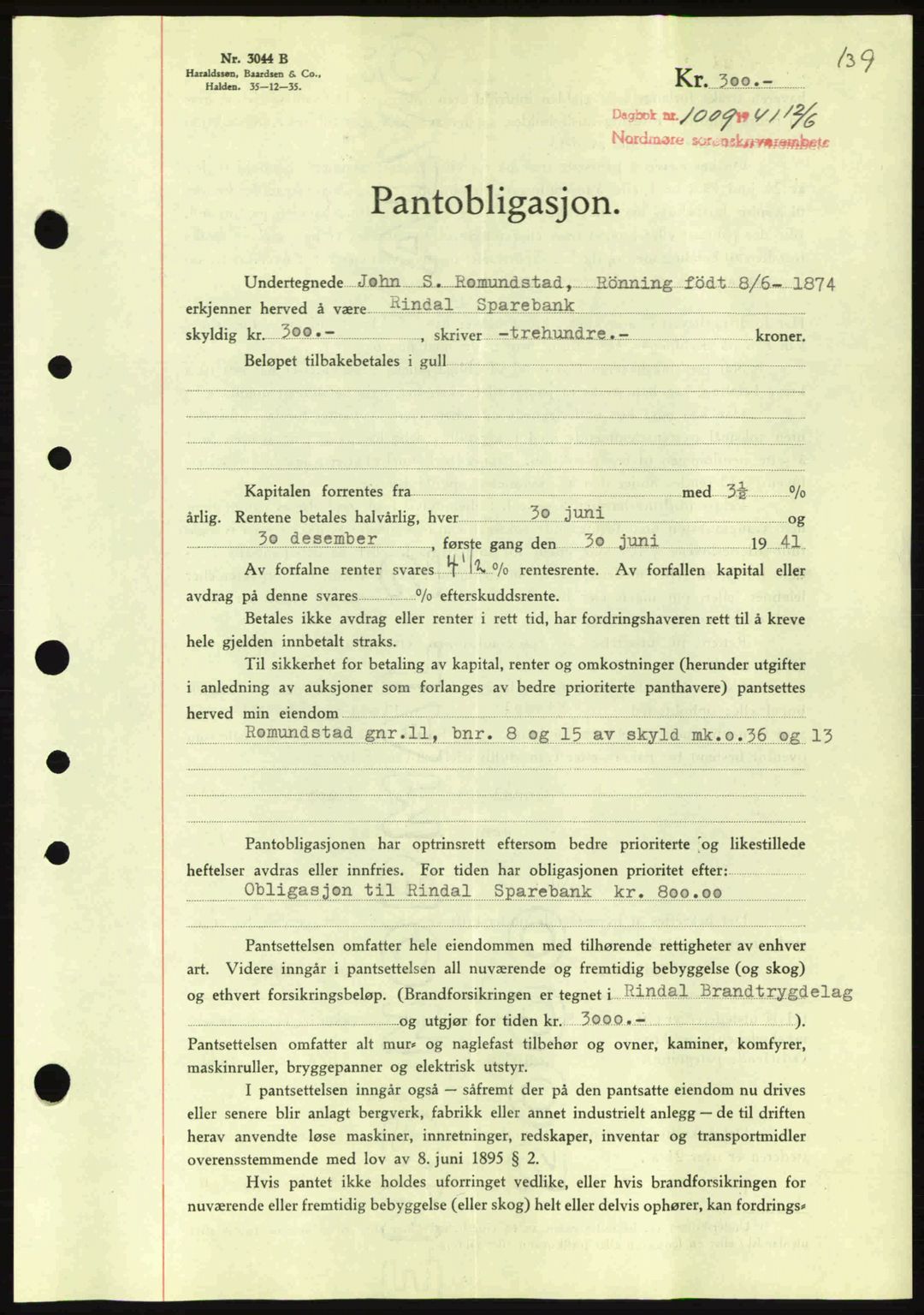 Nordmøre sorenskriveri, SAT/A-4132/1/2/2Ca: Pantebok nr. B88, 1941-1942, Dagboknr: 1009/1941