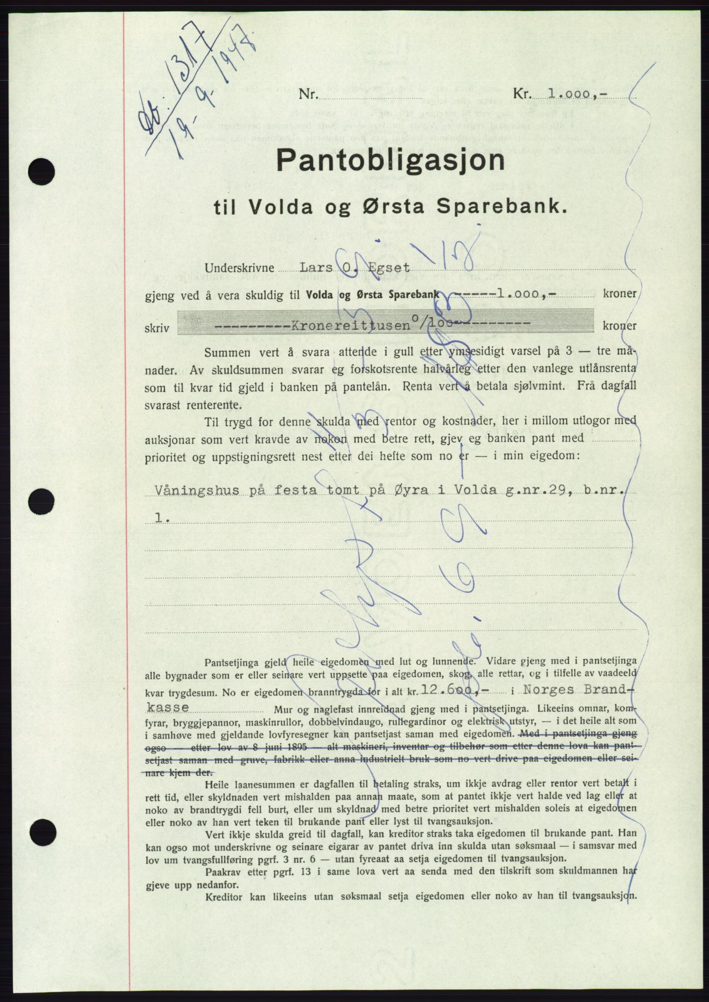Søre Sunnmøre sorenskriveri, AV/SAT-A-4122/1/2/2C/L0115: Pantebok nr. 3B, 1947-1948, Dagboknr: 1317/1947